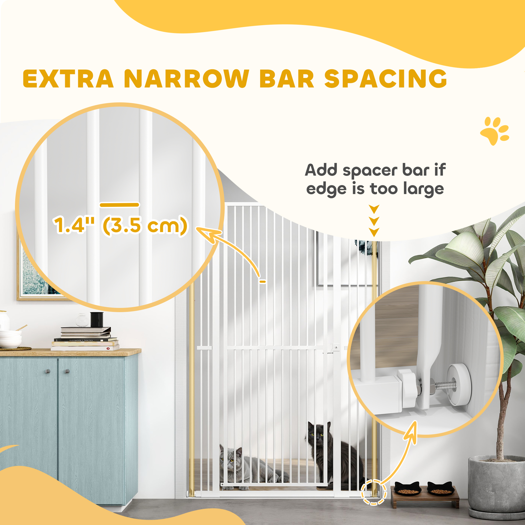 59" Extra Tall Cat Gate, 30"-41" Pet Gate with 2.8" and 5.5" Extensions, for Doorway, Hallway, Stairway, White