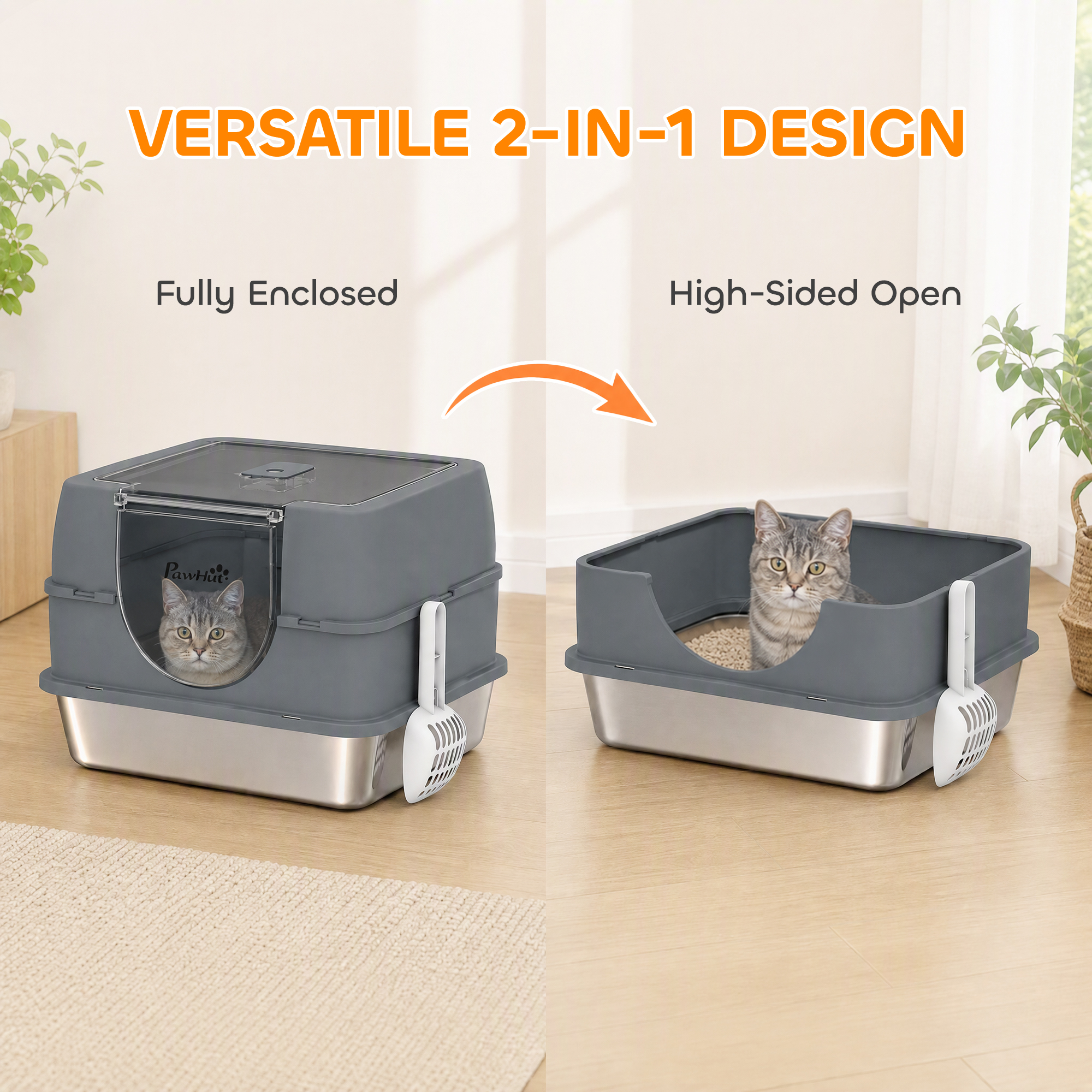Stainless Steel Cat Litter Box with Lid, High Sided Enclosed Litter Box with Removable Lid, Tray, Scoop