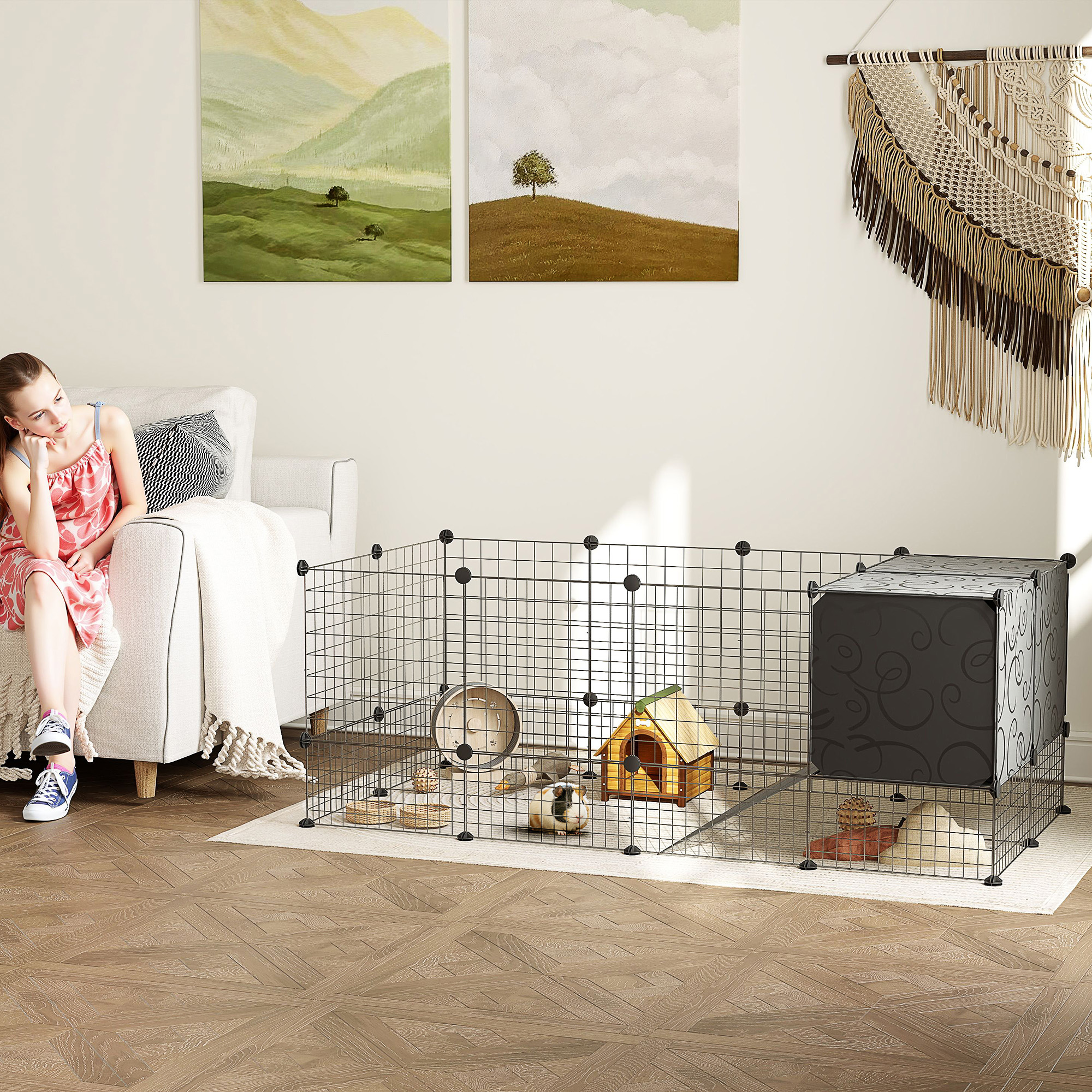 Guinea Pig Cage, Small Animal Playpen with 31 Panels, Elevated Huts, Non-Slip Mats, Black