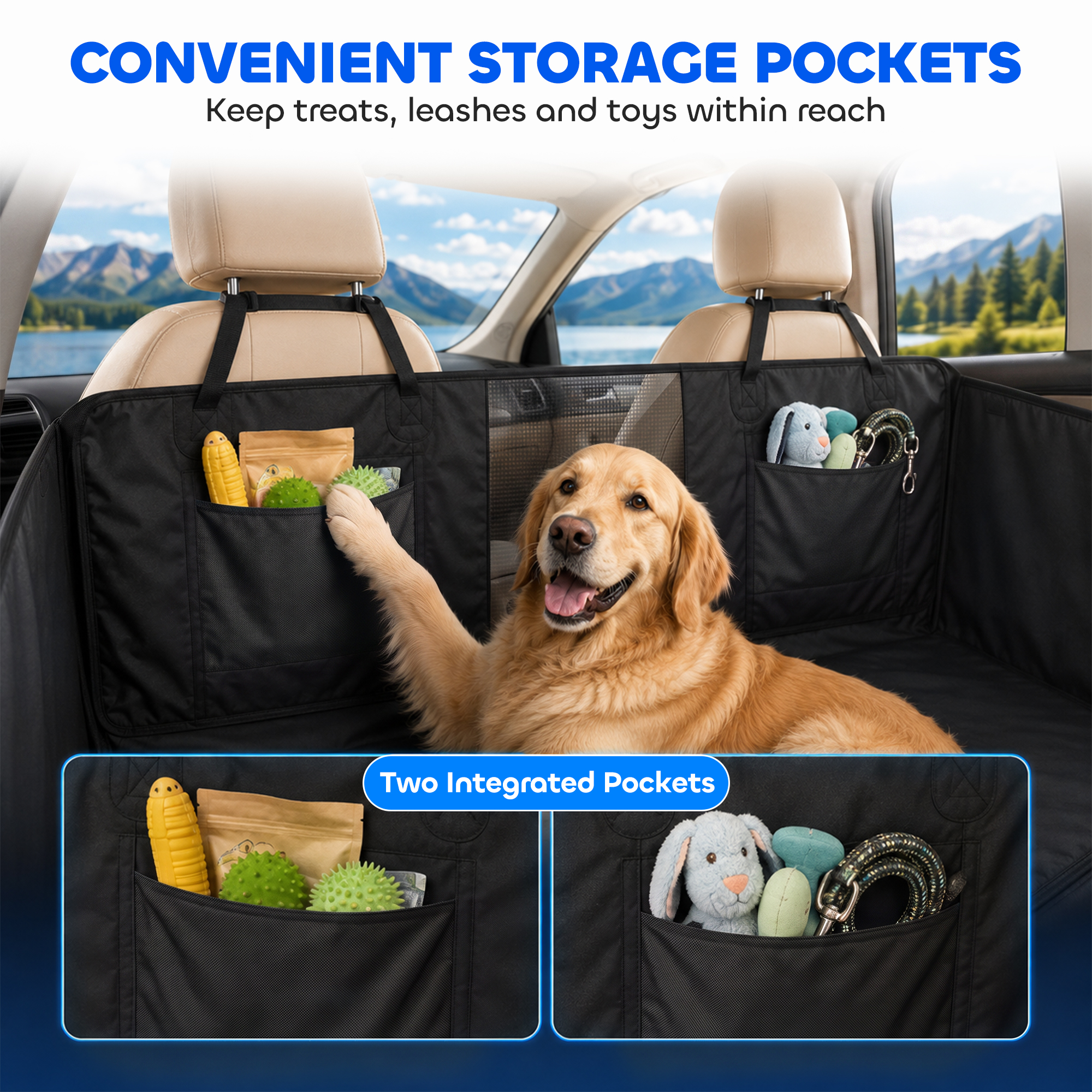 Dog Car Seat Cover, Hard Bottom Back Seat Extender for Pets, Waterproof Dog Hammock w/ Mesh Window & Pockets