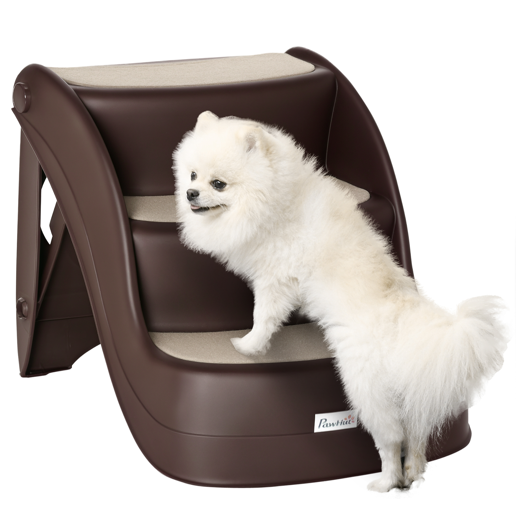 Dog Stairs for Small Dogs 15"H, 3-Step Foldable Pet Step with Non-Slip Treads, for Injured, Old, Puppy, Cats, for High Bed, Sofa, Couch, Chair, Lightweight, Brown