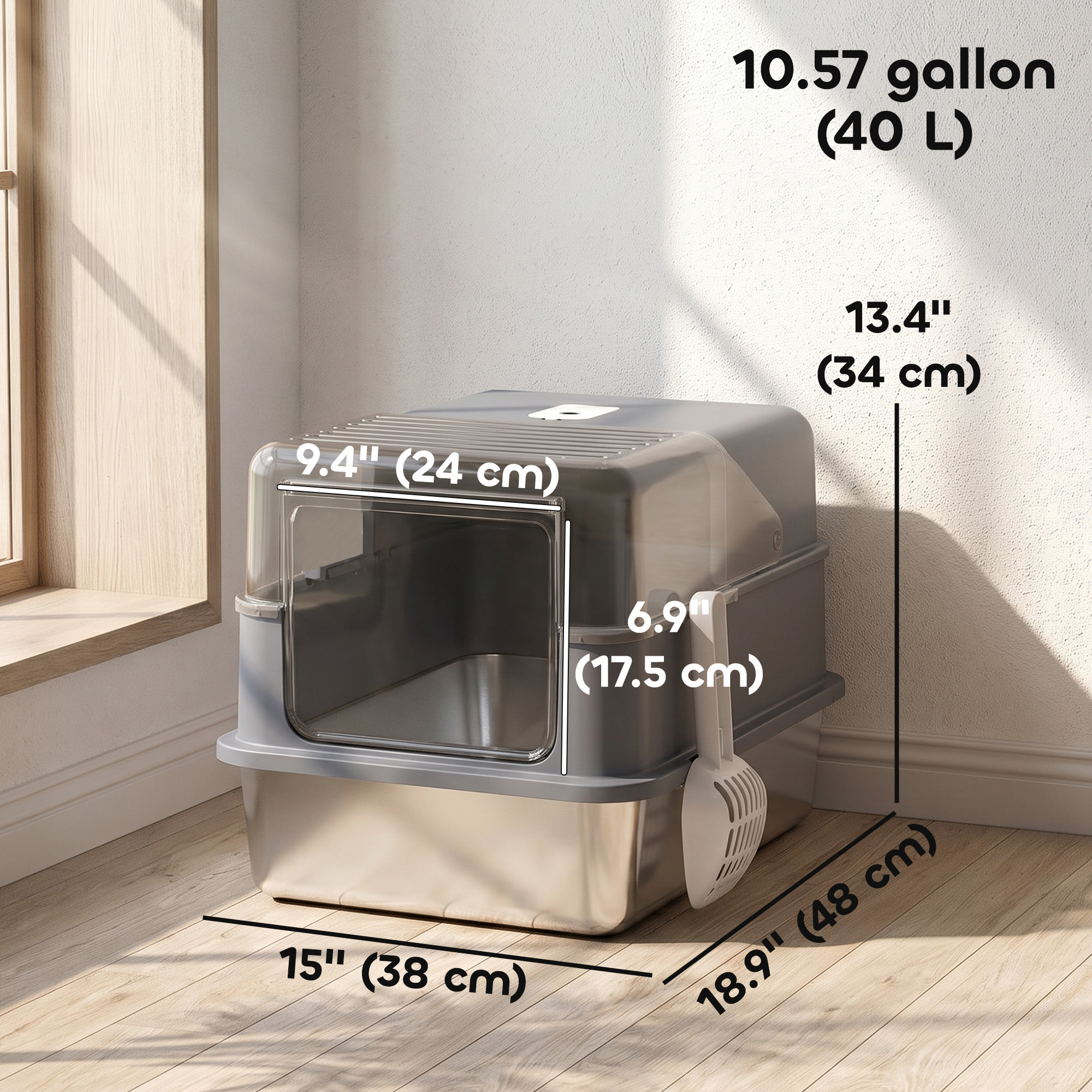 Stainless Steel Cat Litter Box with Lid, High Sided Enclosed Metal Litter Box w/ Scoop, Deodorization Bags for Cats