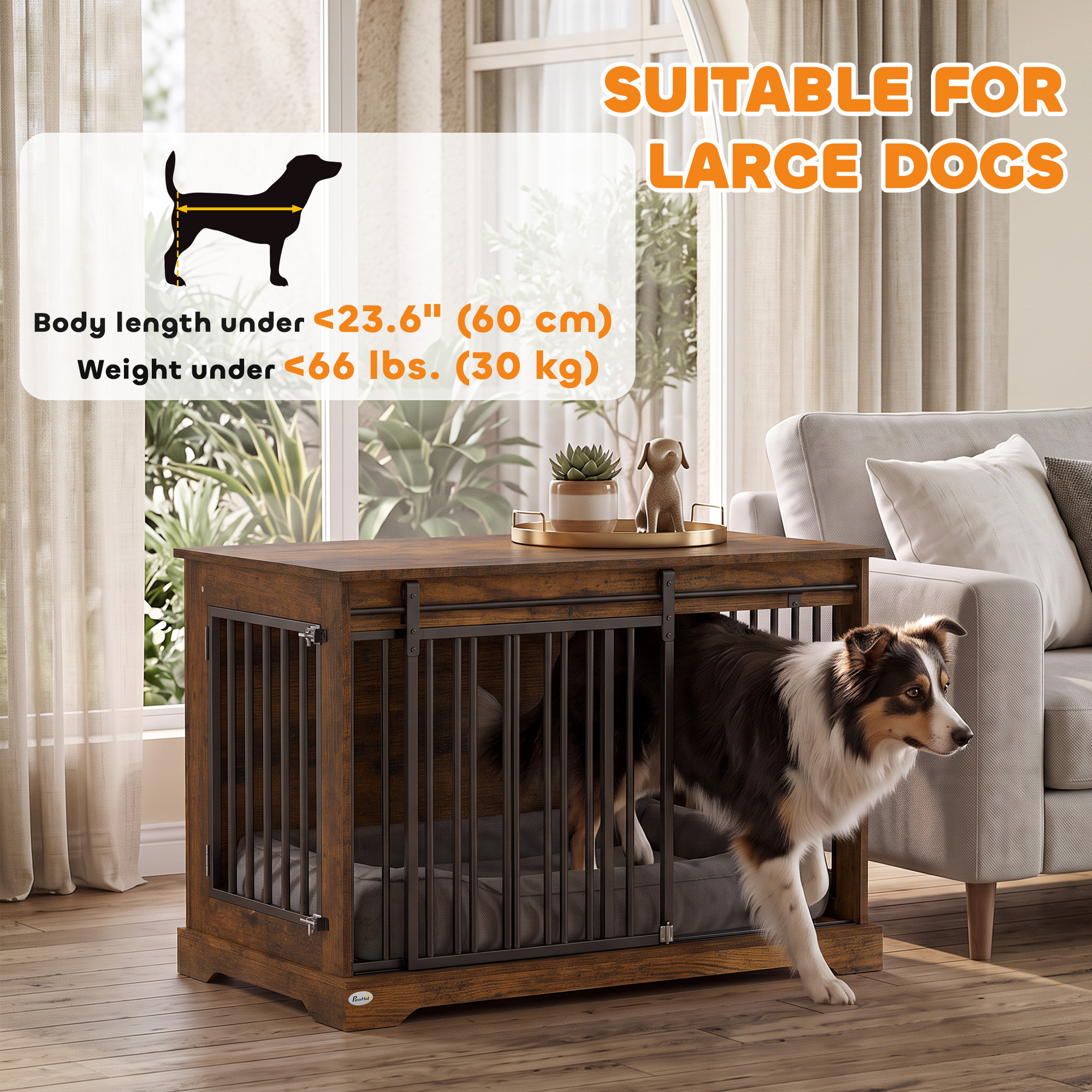 100 cm Dog Crate Furniture with Sliding Barn Door for Large Breeds, Rustic Brown