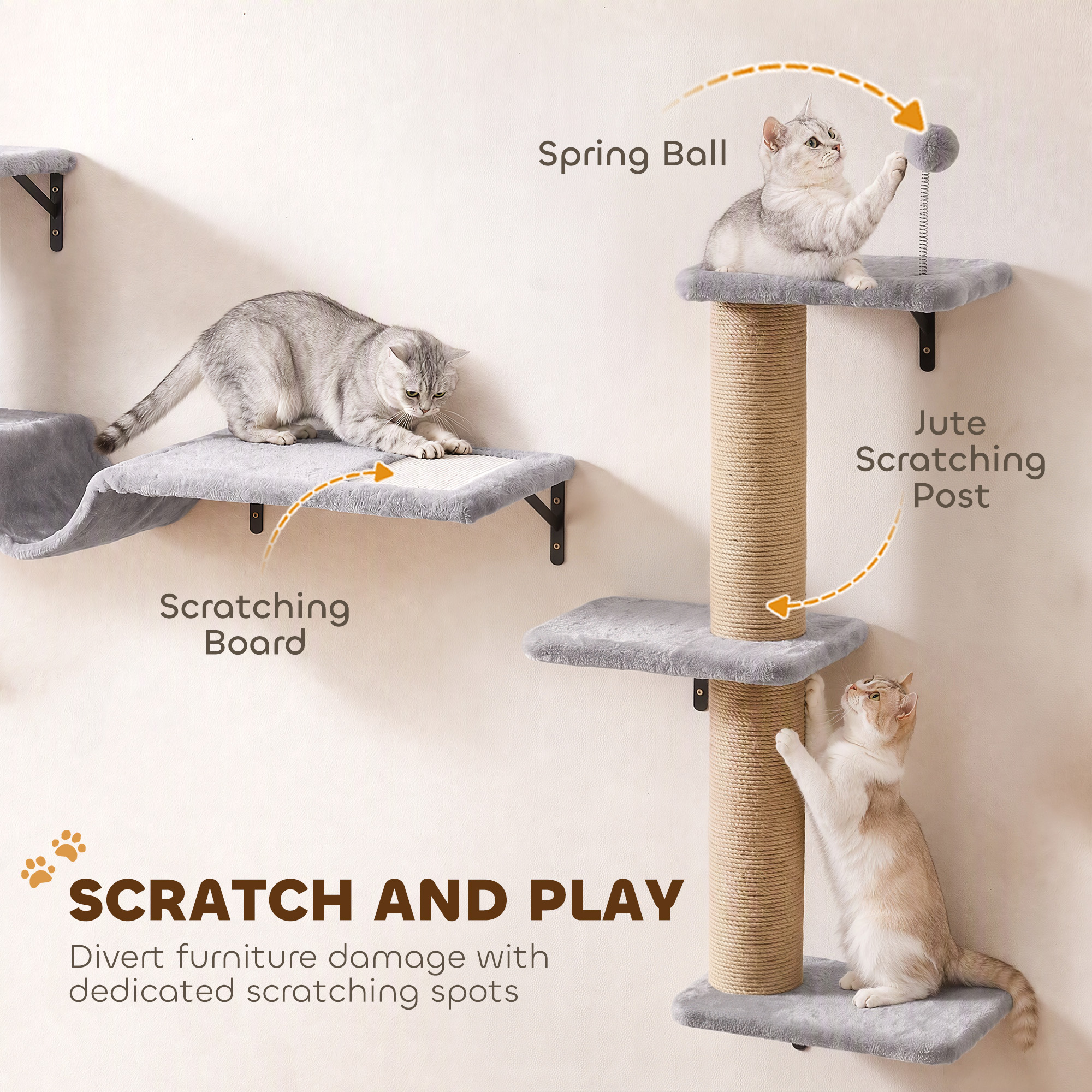 Cat Wall Shelves, 3-in-1 Wall-Mounted Cat Climber Set w/ Bed, Platforms, Hammock, Scratching Posts and Spring Ball
