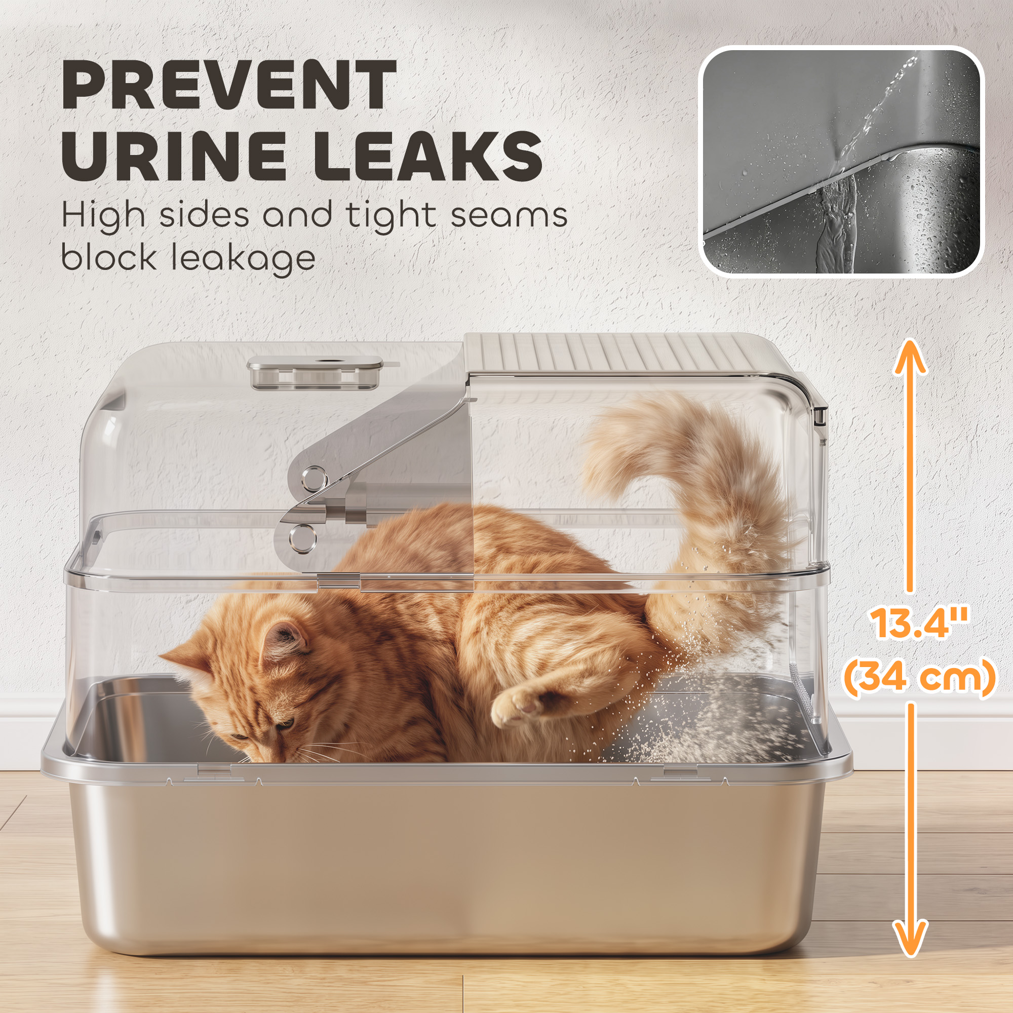 Stainless Steel Cat Litter Box with Lid, High Sided Enclosed Metal Litter Box w/ Scoop, Deodorization Bags for Cats