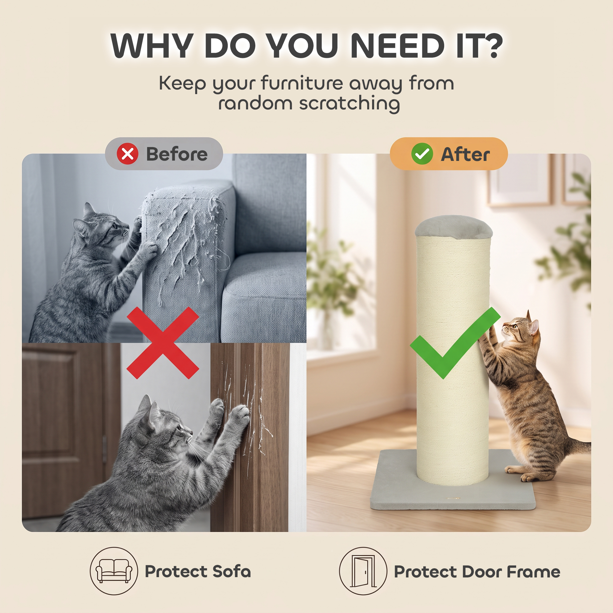 30" Tall Cat Scratching Post, 7.9" Large Diameter Scratch Post with Natural Sisal Rope and Stable Base