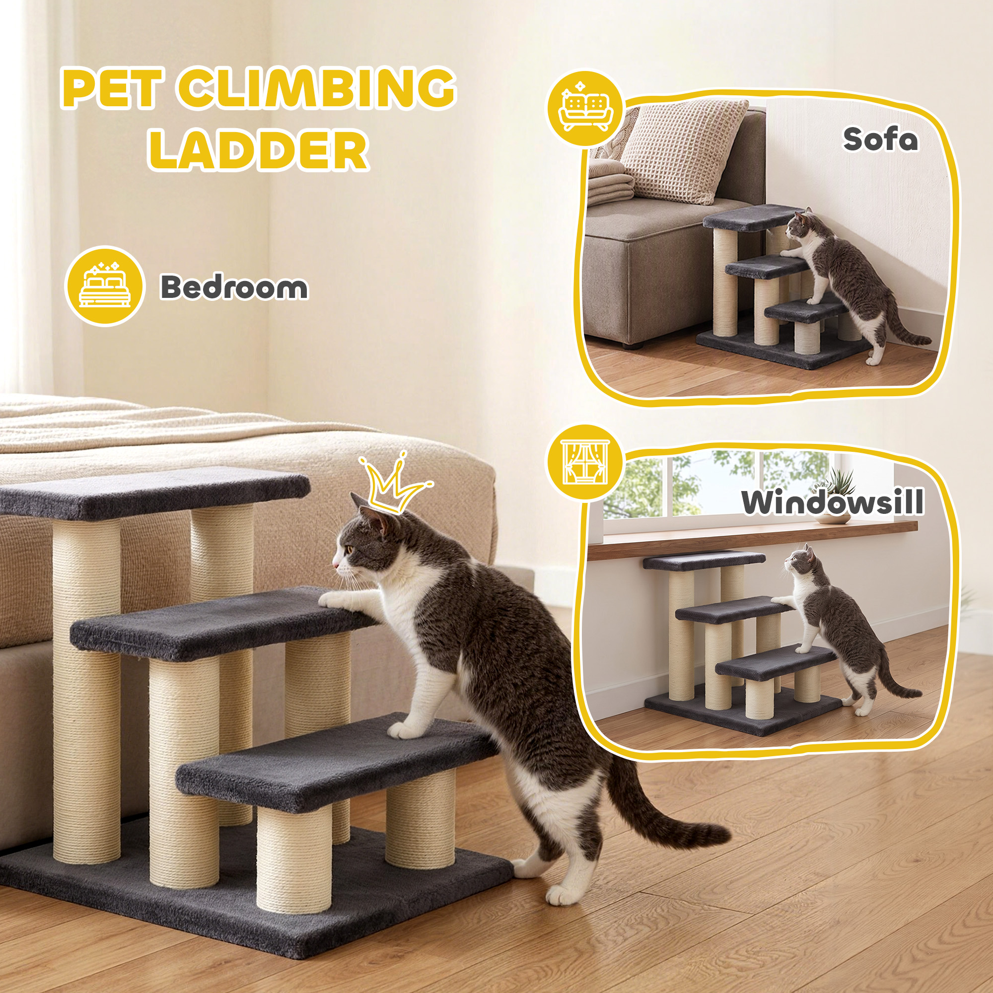 Cat Trees 3 Tier Pet Stairs Dog Cat 3 Steps Kitty Scratching Post Cat Scratch Furniture Dark Grey