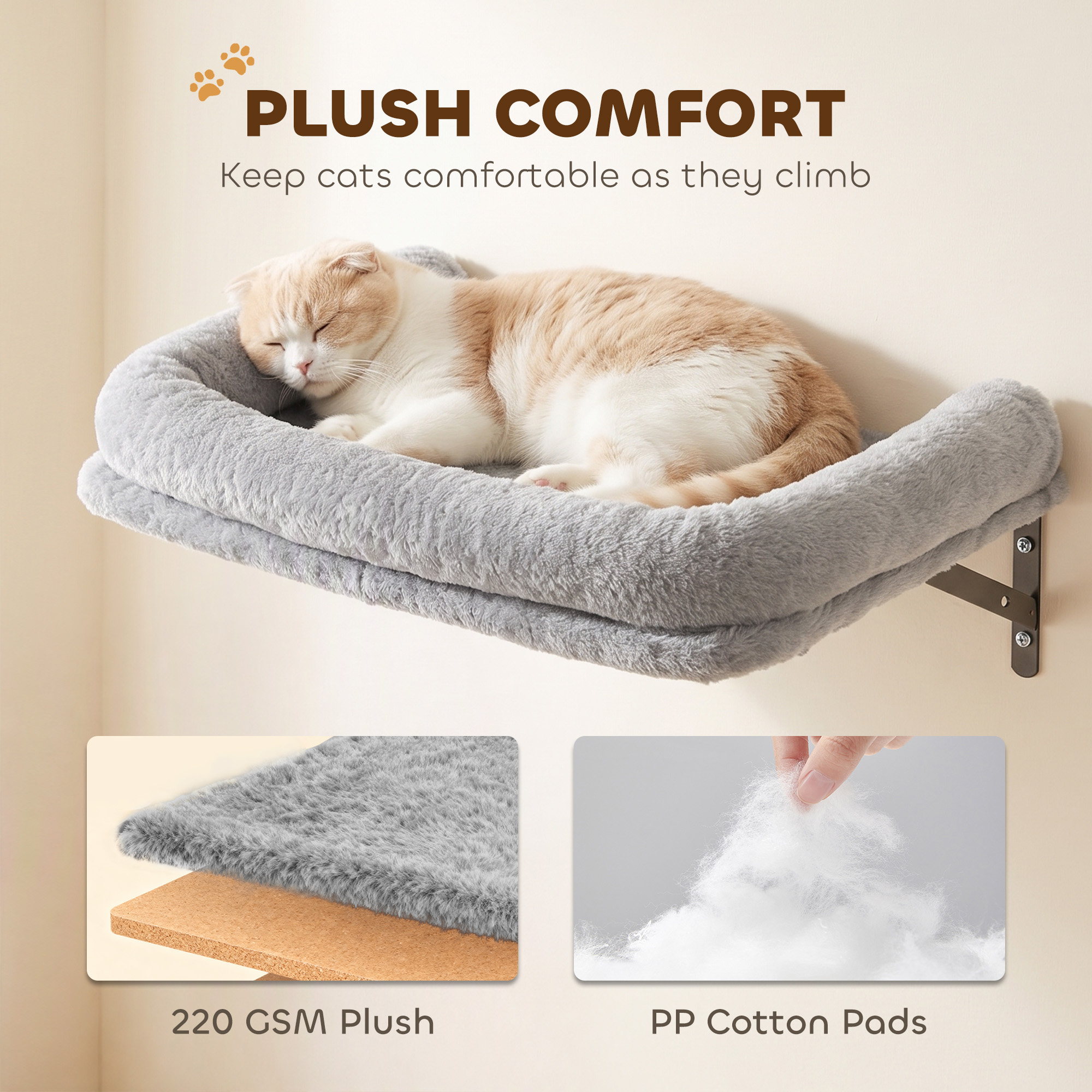 Cat Wall Shelves, 3-in-1 Wall-Mounted Cat Climber Set w/ Bed, Platforms, Hammock, Scratching Posts and Spring Ball