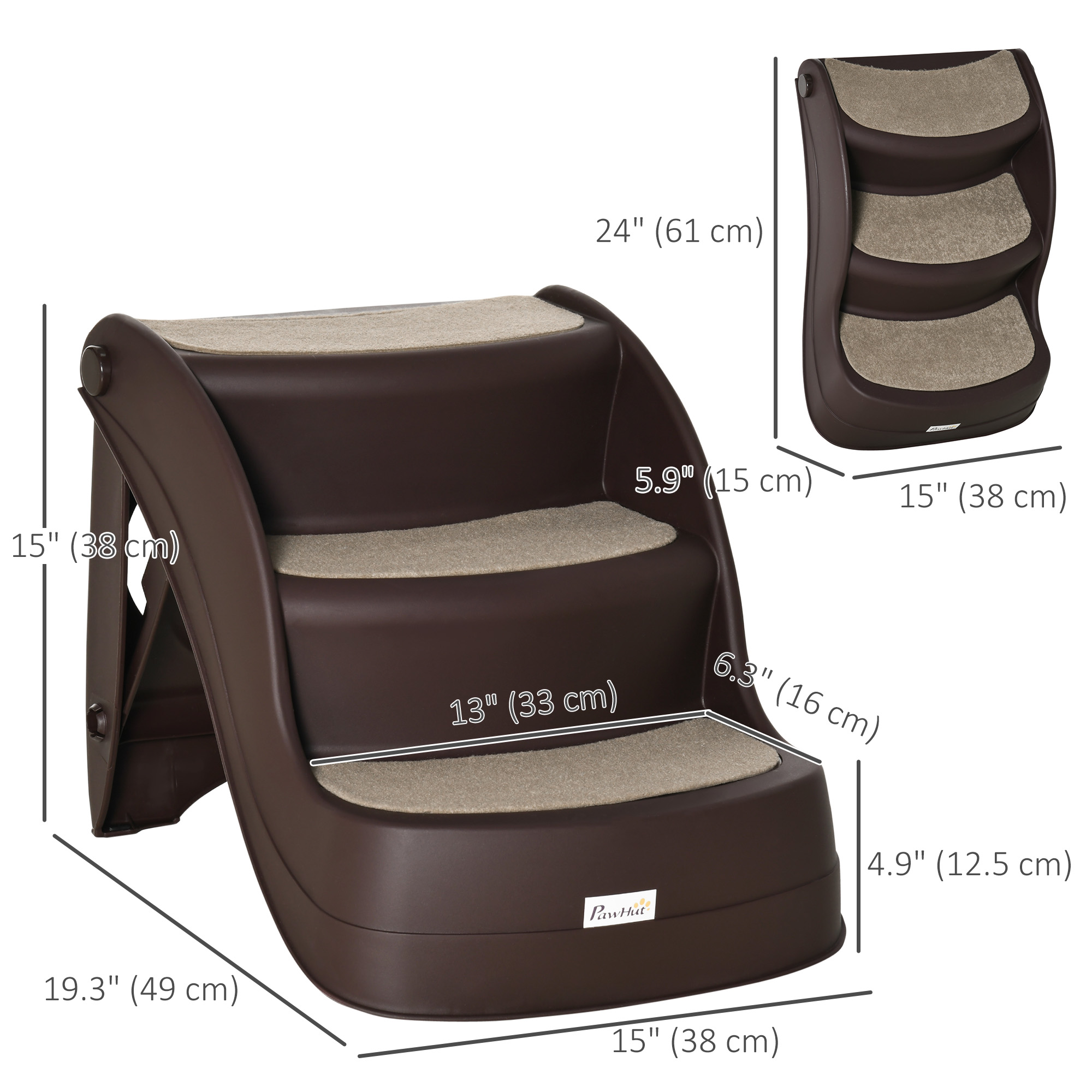 Dog Stairs for Small Dogs 15"H, 3-Step Foldable Pet Step with Non-Slip Treads, for Injured, Old, Puppy, Cats, for High Bed, Sofa, Couch, Chair, Lightweight, Brown