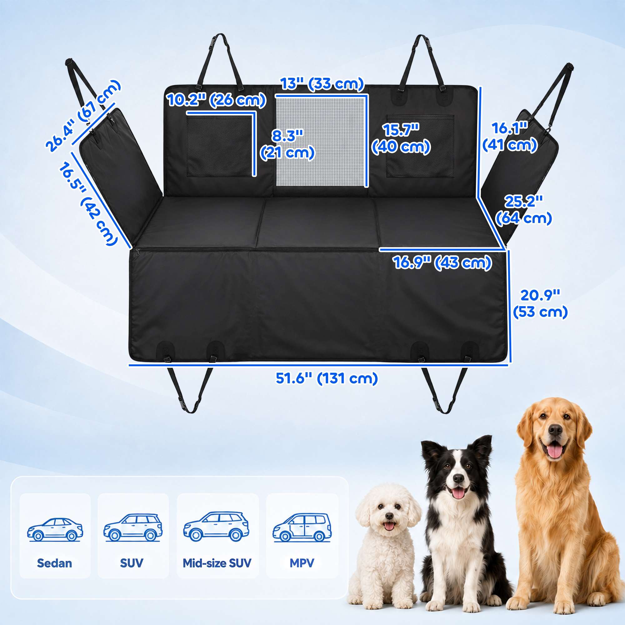 Dog Car Seat Cover, Hard Bottom Back Seat Extender for Pets, Waterproof Dog Hammock w/ Mesh Window & Pockets