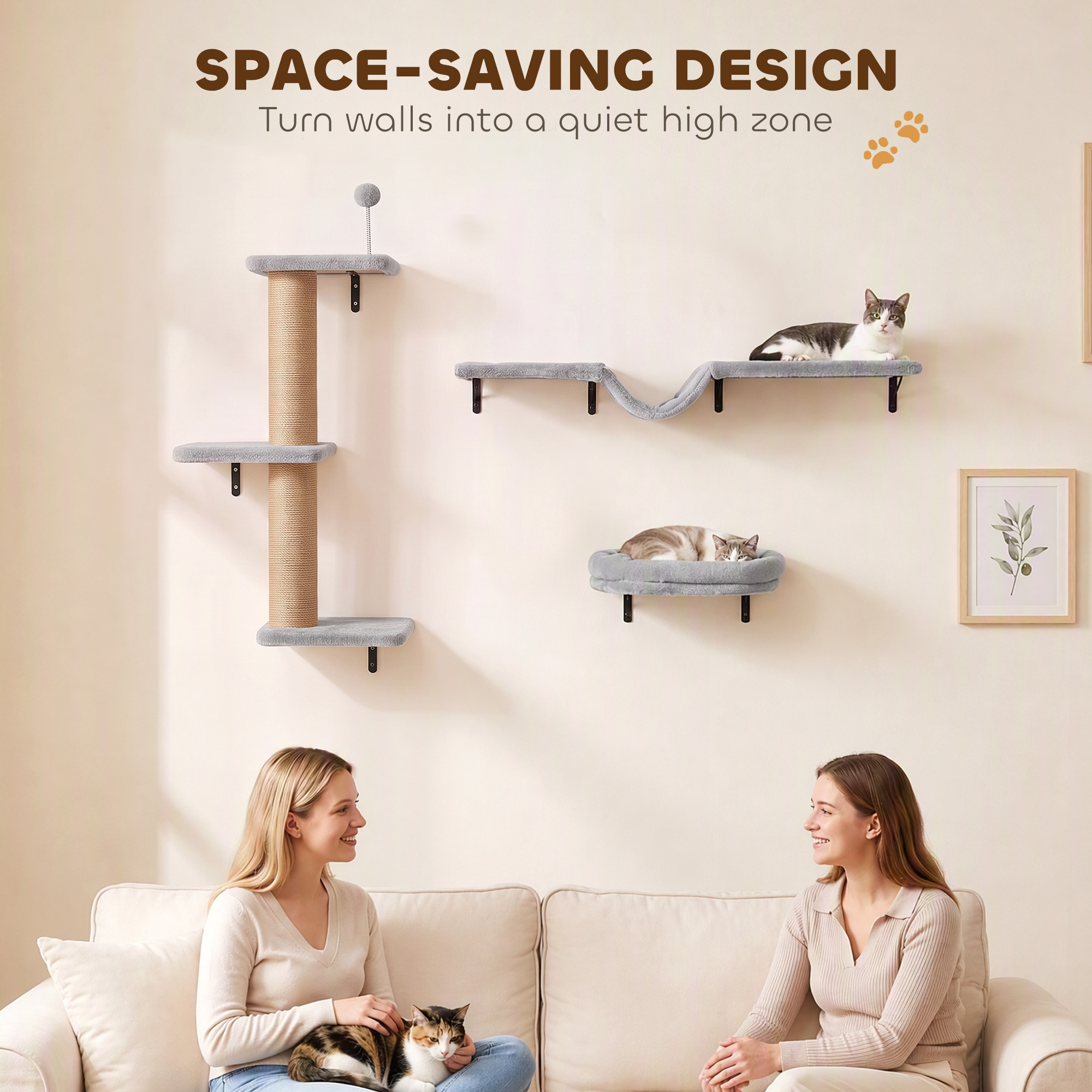 Cat Wall Shelves, 3-in-1 Wall-Mounted Cat Climber Set w/ Bed, Platforms, Hammock, Scratching Posts and Spring Ball