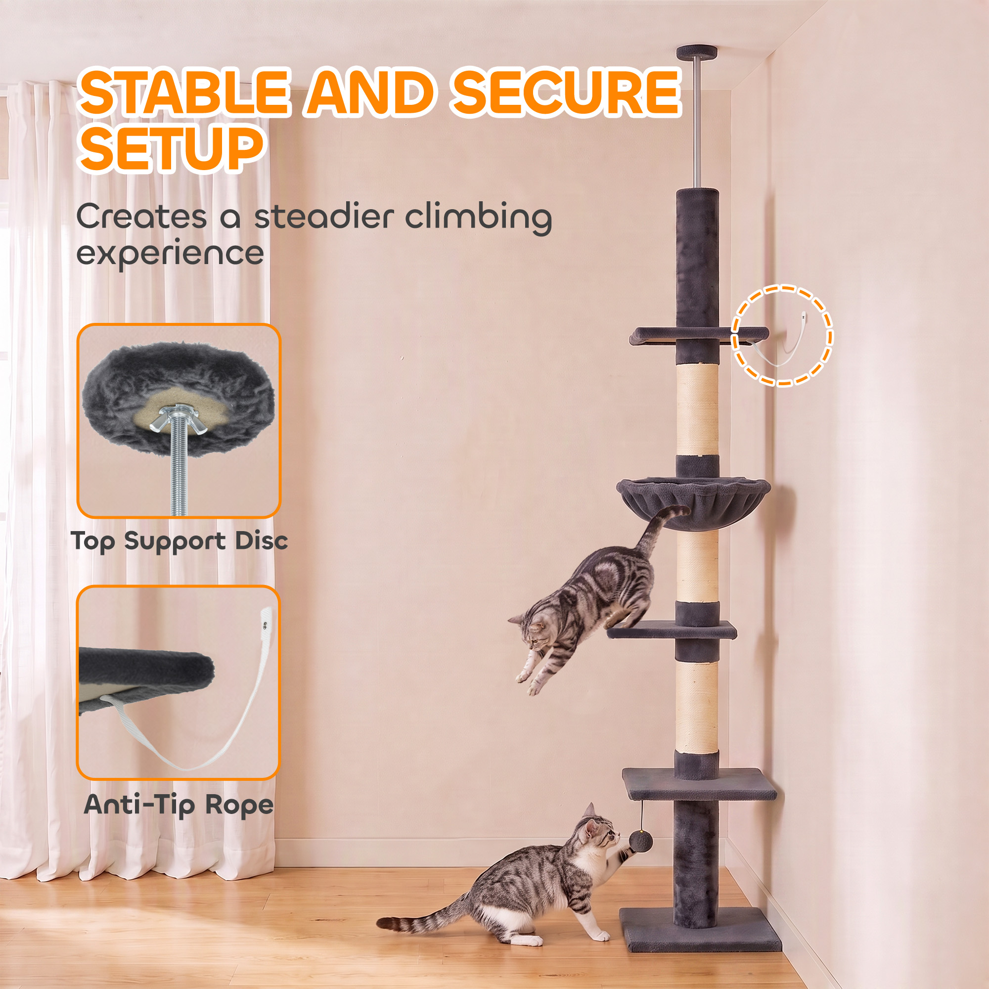 Floor-to-Ceiling Cat Tree 88.6"-100.4" Adjustable, 5-Level Cat Tower with Hammock, 3 Sisal Scratching Posts, Toy Ball