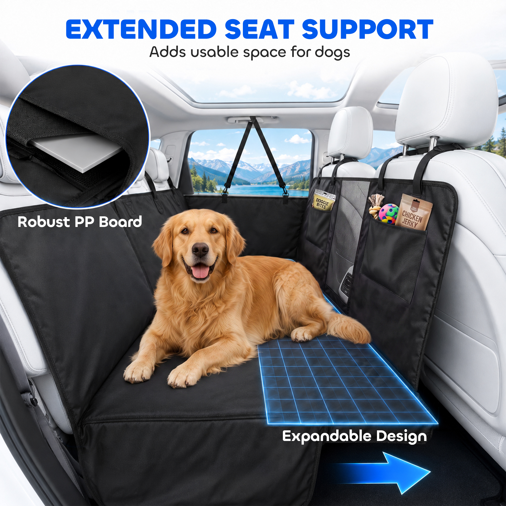 Dog Car Seat Cover, Hard Bottom Back Seat Extender for Pets, Waterproof Dog Hammock w/ Mesh Window & Pockets