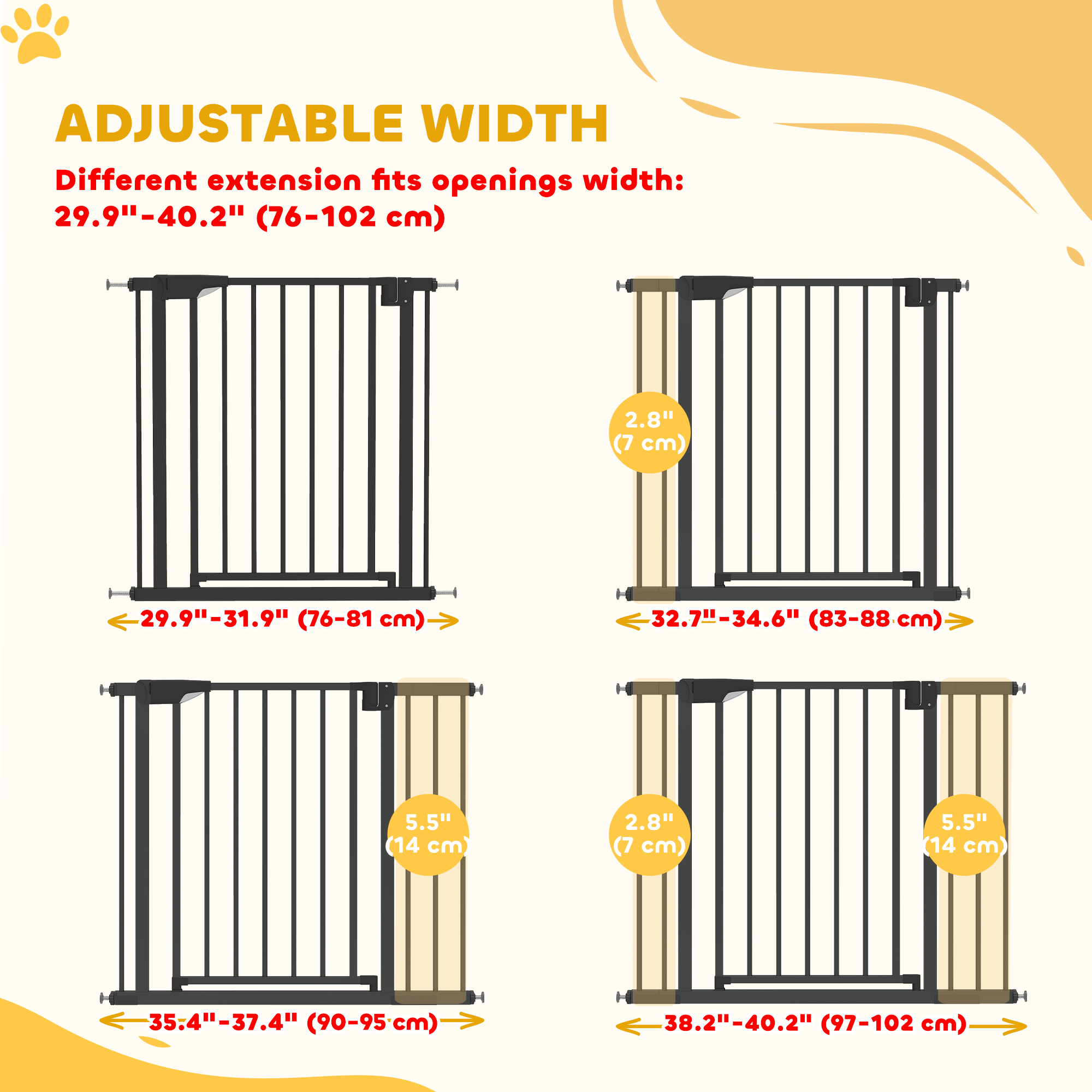 Baby Gate, Pet Safety Gate Pressure Fit, 30"-40" Wide with Two-Way Open, Auto-Close for Stair, Doorways, Hallways, Black