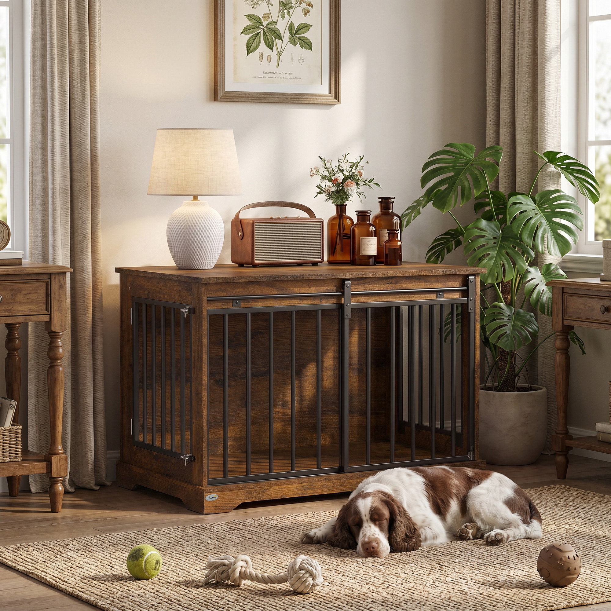 100 cm Dog Crate Furniture with Sliding Barn Door for Large Breeds, Rustic Brown