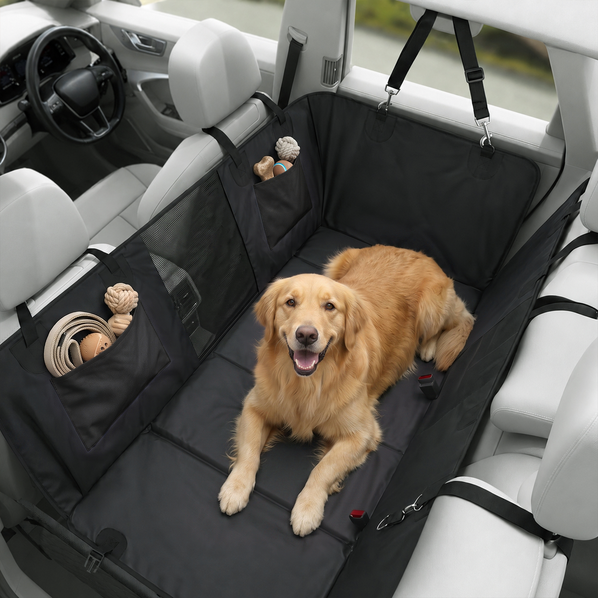 Dog Car Seat Cover, Hard Bottom Back Seat Extender for Pets, Waterproof Dog Hammock w/ Mesh Window & Pockets