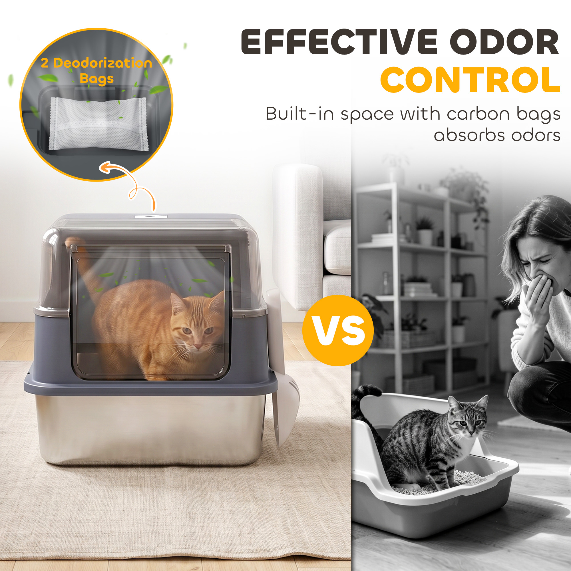 Stainless Steel Cat Litter Box with Lid, High Sided Enclosed Metal Litter Box w/ Scoop, Deodorization Bags for Cats