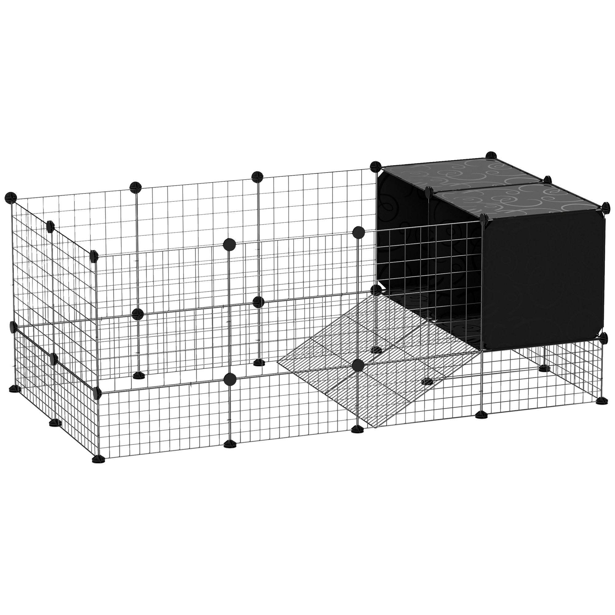 Guinea Pig Cage, Small Animal Playpen with 31 Panels, Elevated Huts, Non-Slip Mats, Black