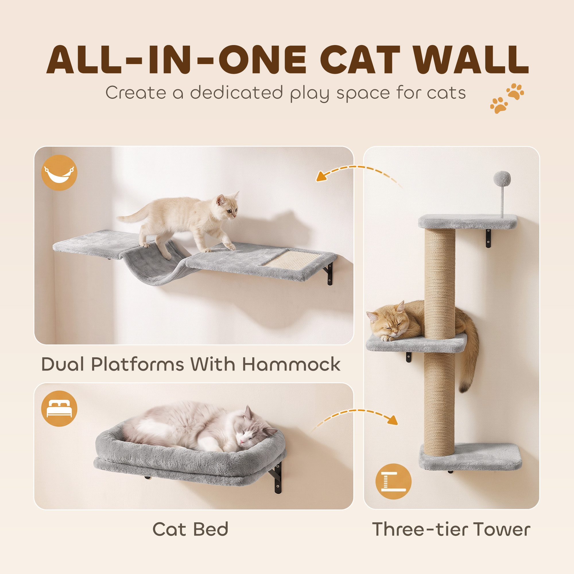 Cat Wall Shelves, 3-in-1 Wall-Mounted Cat Climber Set w/ Bed, Platforms, Hammock, Scratching Posts and Spring Ball
