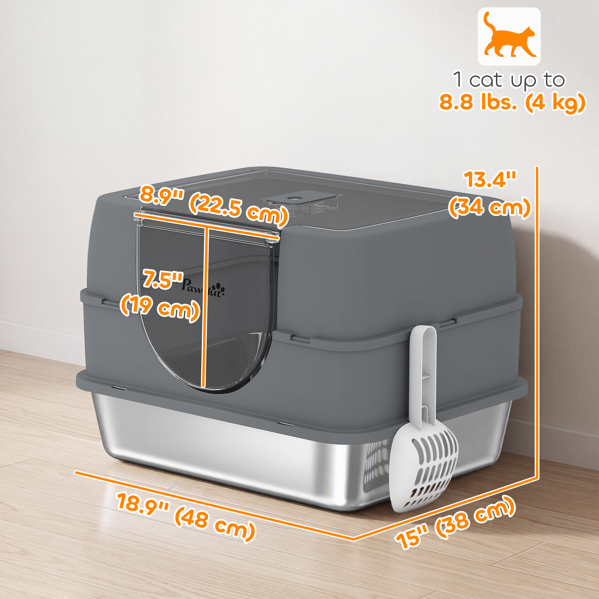 Stainless Steel Cat Litter Box with Lid, High Sided Enclosed Litter Box with Removable Lid, Tray, Scoop