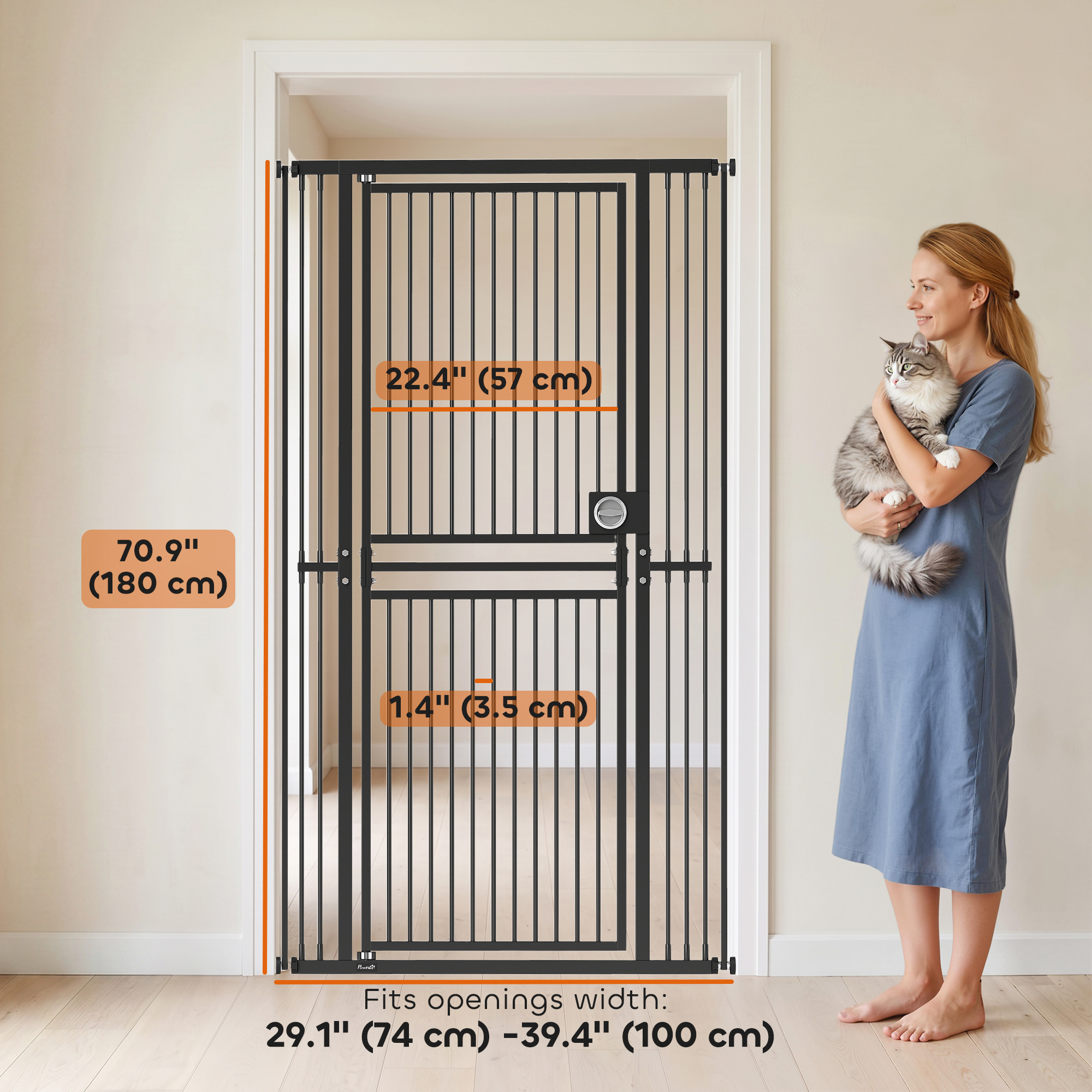 71" Extra Tall Cat Gate, 29"-39" Wide Pet Gate with No Drilling, Narrow Spacing, Pull-Ring Latch, 2 Extension Kits