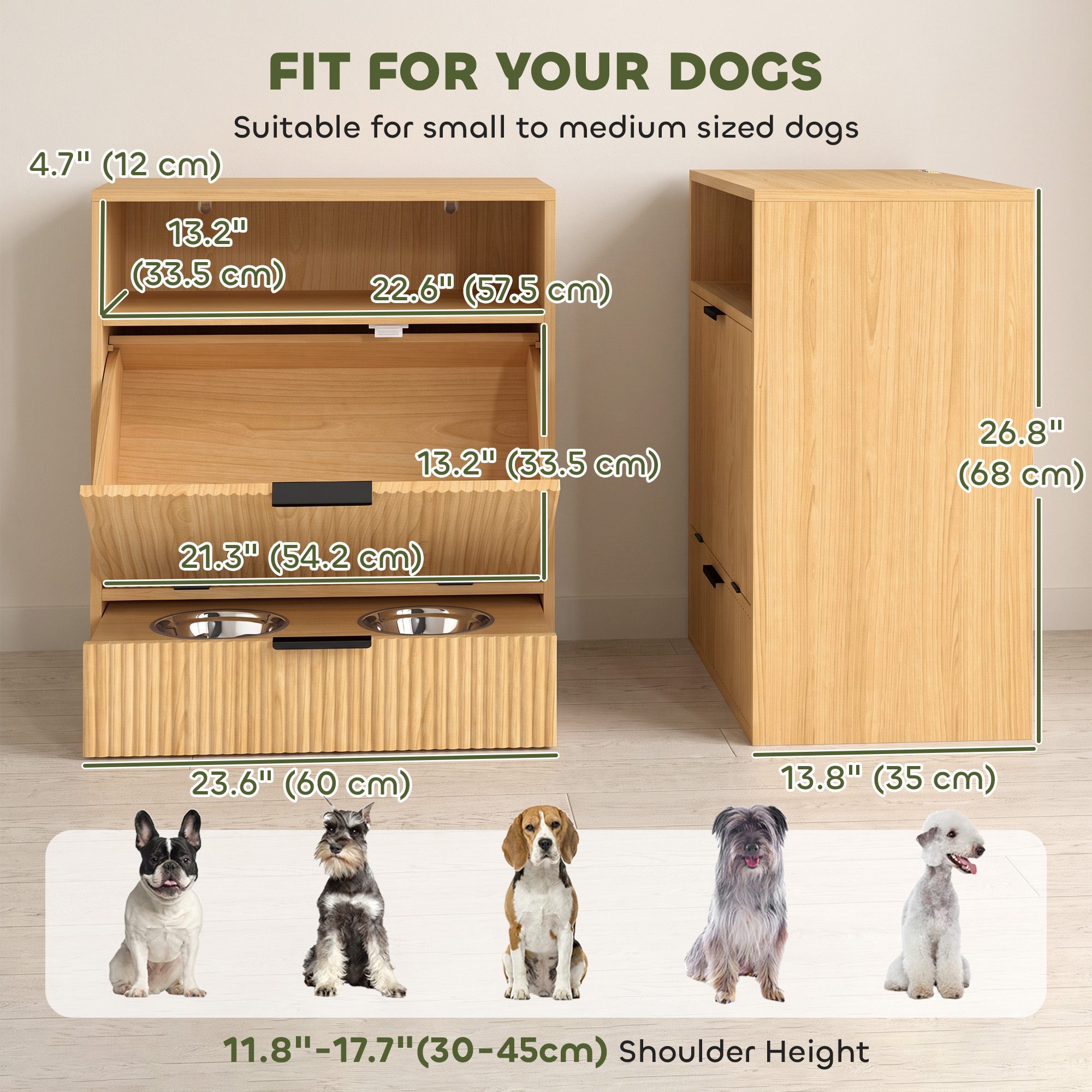 Dog Feeding Station Food Storage Container, Pet Feeding Station with 2 Pull Out Bowls, Tilt Out Storage Cabinet