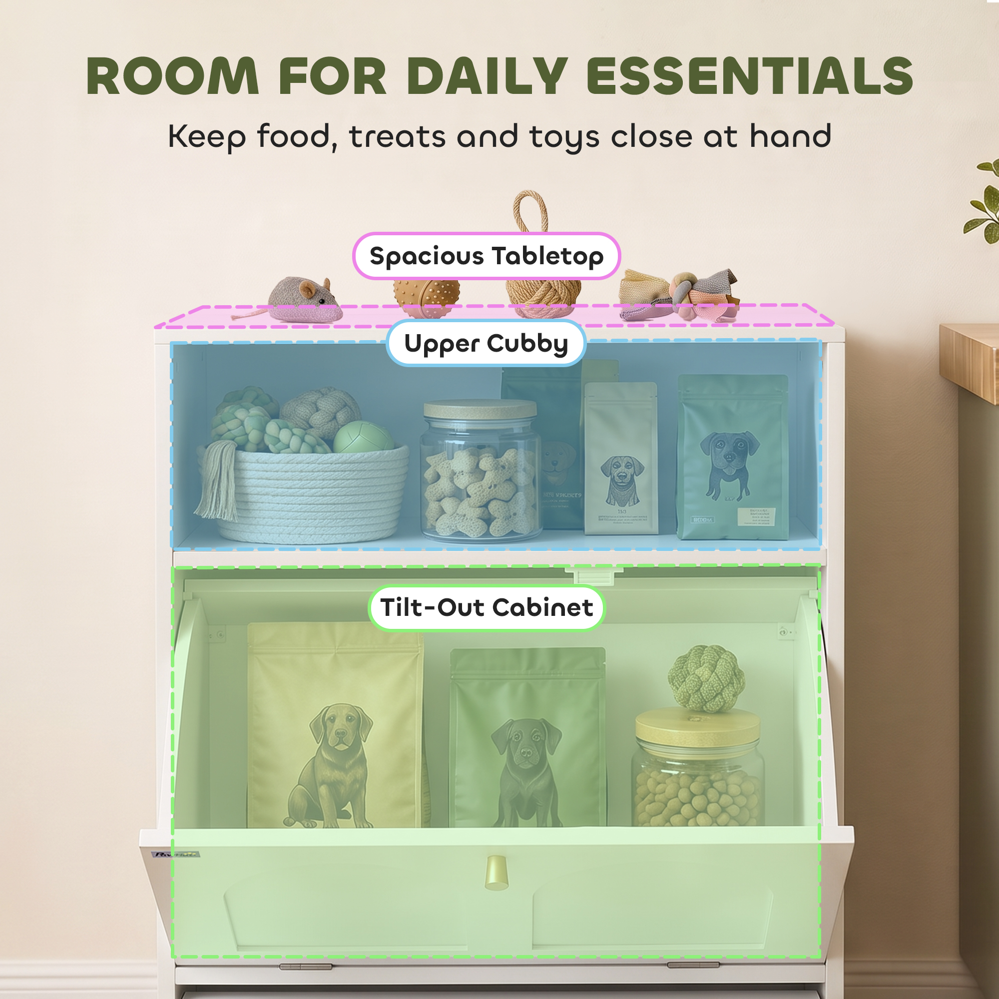 Dog Feeding Station, Dog Food Storage Cabinet with 2 Elevated Bowls, Tilt-Out Cabinet and Storage Shelf, White