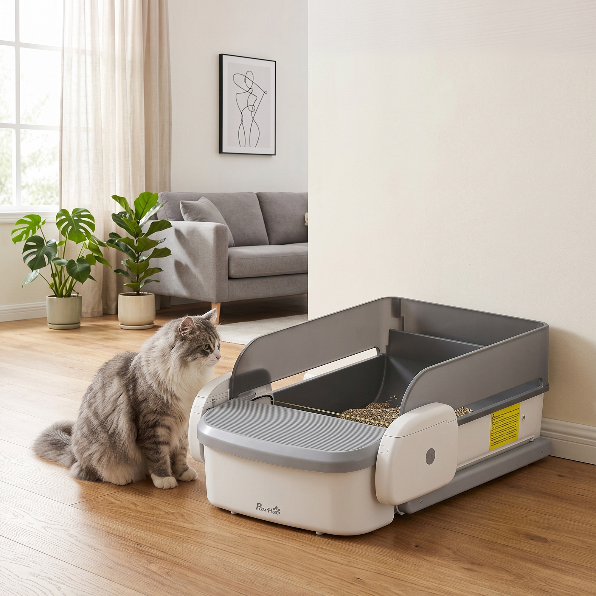 Automatic Cat Litter Box, Self Cleaning Litter Box with App Control, Open-Top, Grey