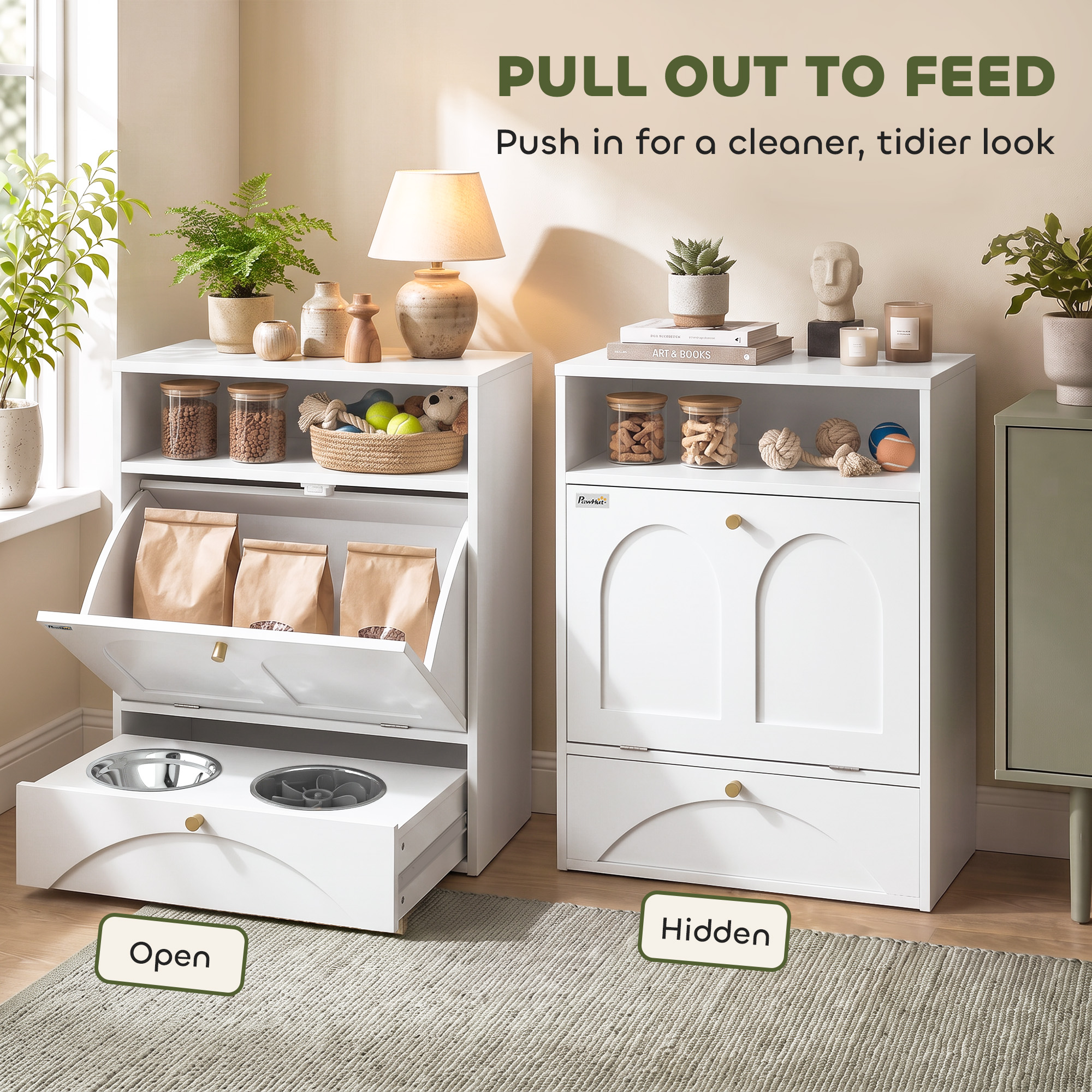 Dog Feeding Station, Dog Food Storage Cabinet with 2 Elevated Bowls, Tilt-Out Cabinet and Storage Shelf, White