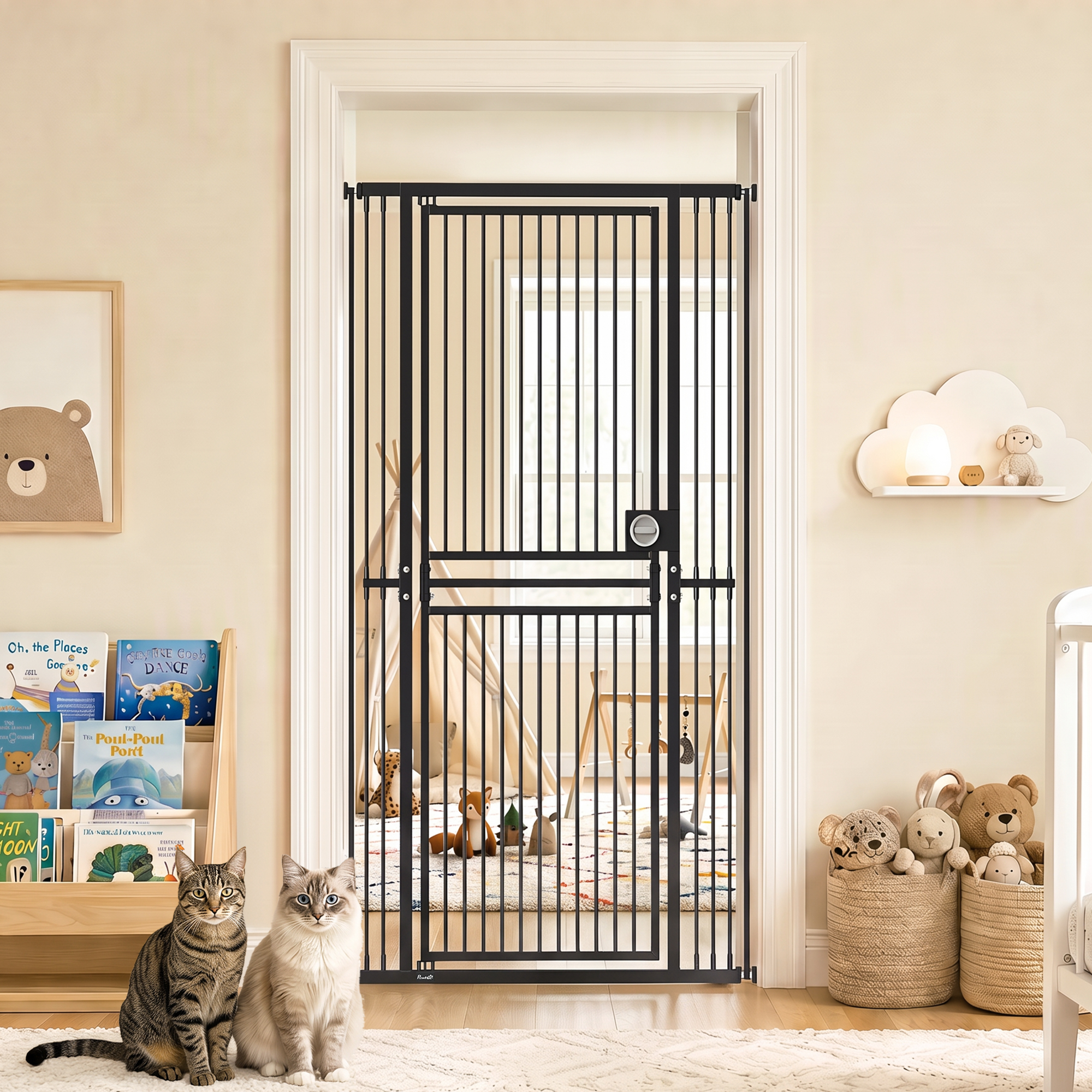 71" Extra Tall Cat Gate, 29"-39" Wide Pet Gate with No Drilling, Narrow Spacing, Pull-Ring Latch, 2 Extension Kits