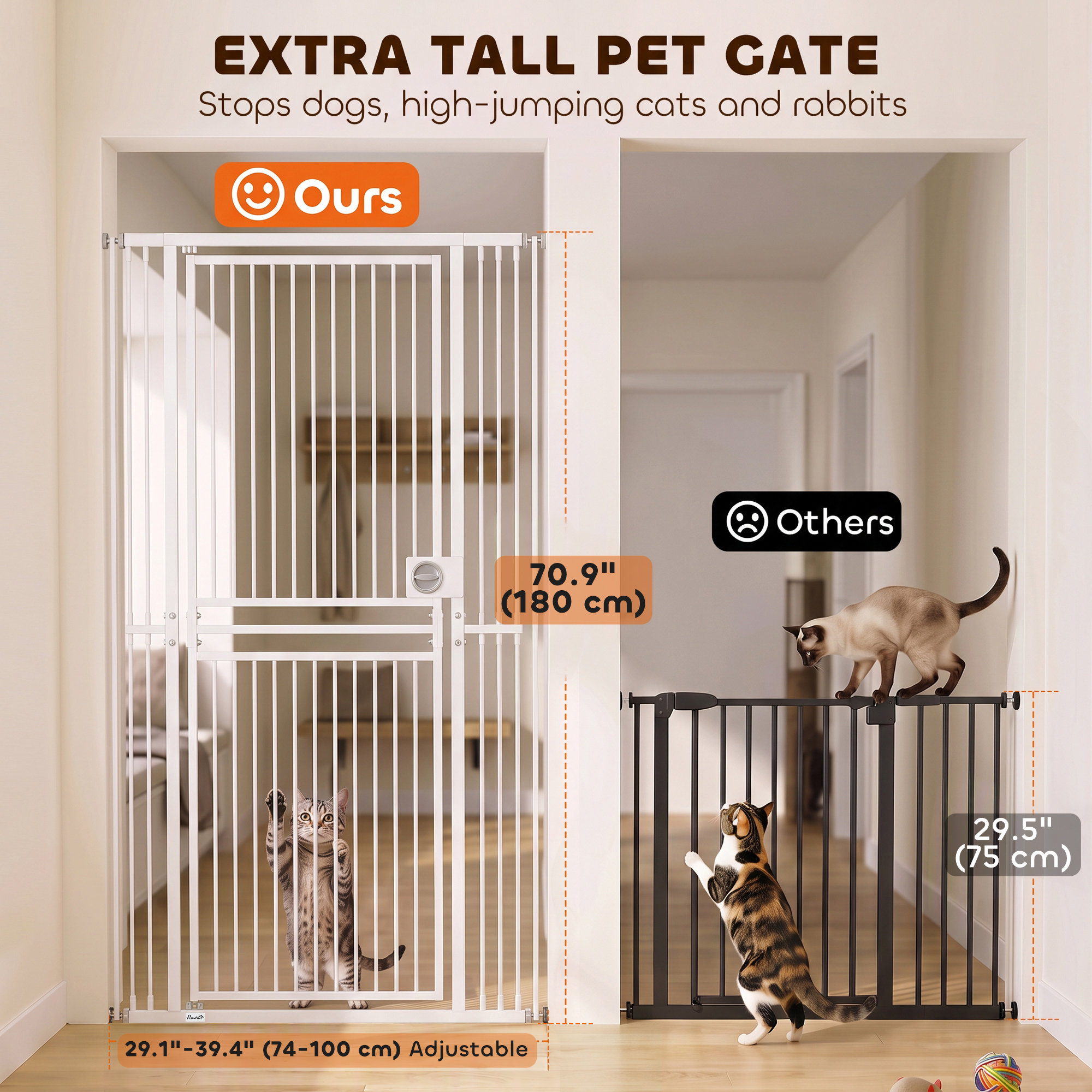 71" Extra Tall Cat Gate, 29"-39" Wide Pet Gate with No Drilling, Narrow Spacing, Pull-Ring Latch, 2 Extension Kits