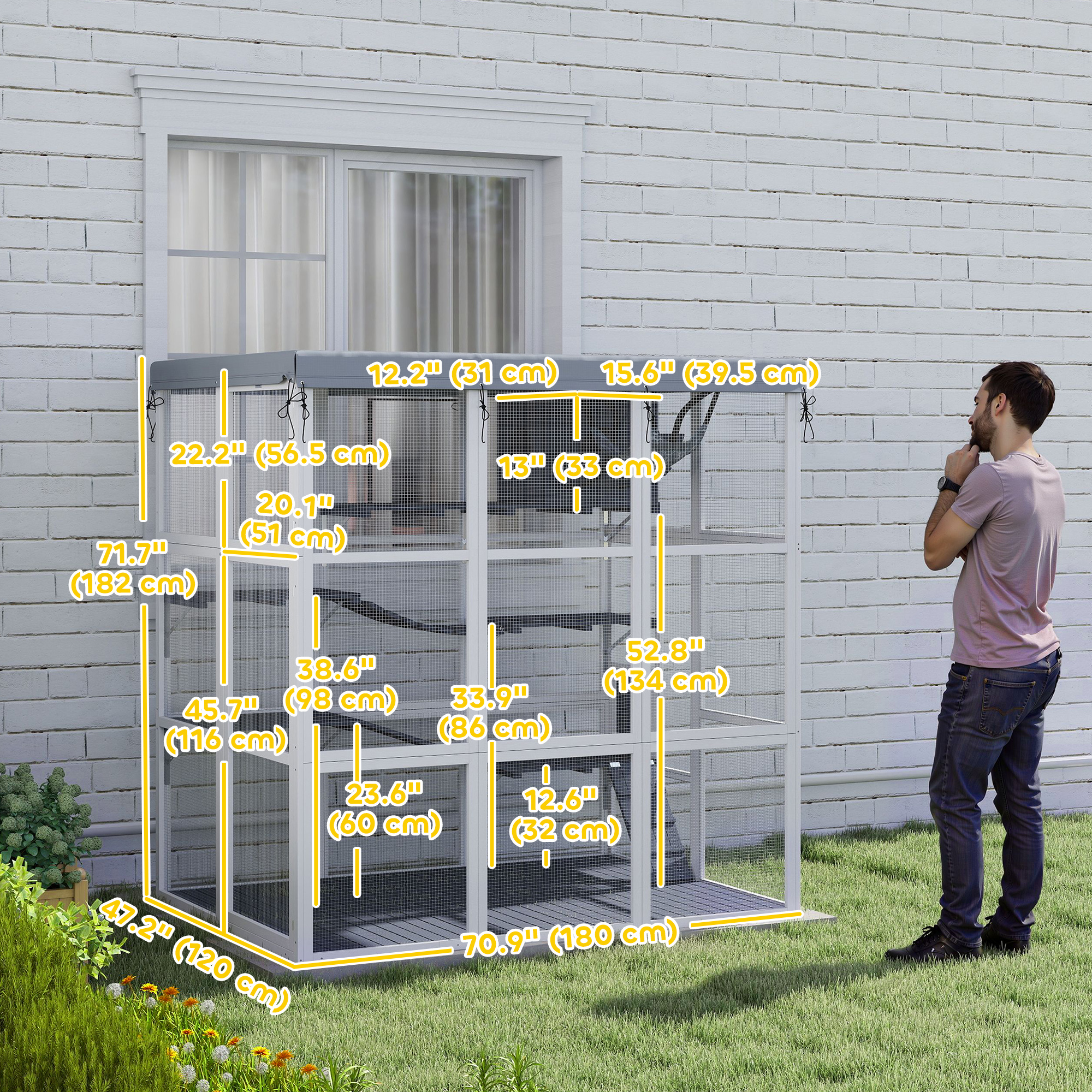 71" Catio Outdoor Cat Enclosure w/ Weatherproof Tarp, Hammock, Condo, Jump Platforms, Ladders, Ramps, for 2-4 Kittens