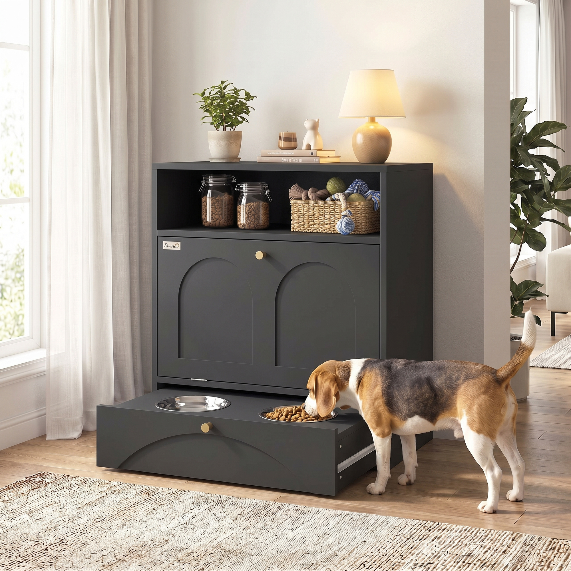 Dog Feeding Station, Dog Food Storage Cabinet with 2 Elevated Bowls, Tilt-Out Cabinet and Storage Shelf, Black