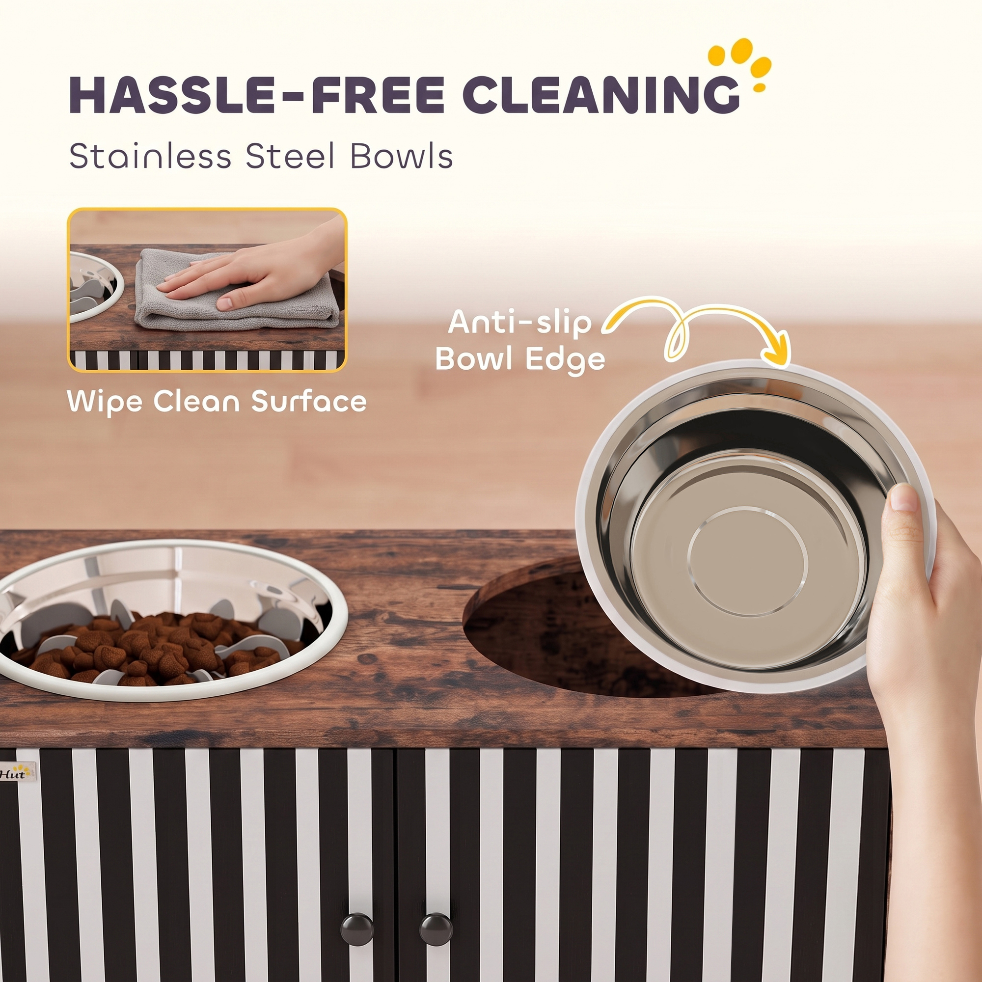 Raised Dog Bowls with Storage, Slow Feeder, 2 Stainless Steel Food and Water Bowl Non-Slip, Rustic Brown