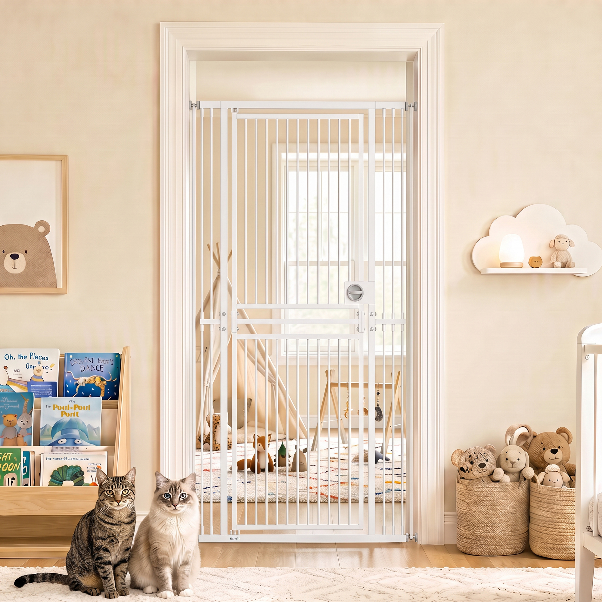 71" Extra Tall Cat Gate, 29"-39" Wide Pet Gate with No Drilling, Narrow Spacing, Pull-Ring Latch, 2 Extension Kits