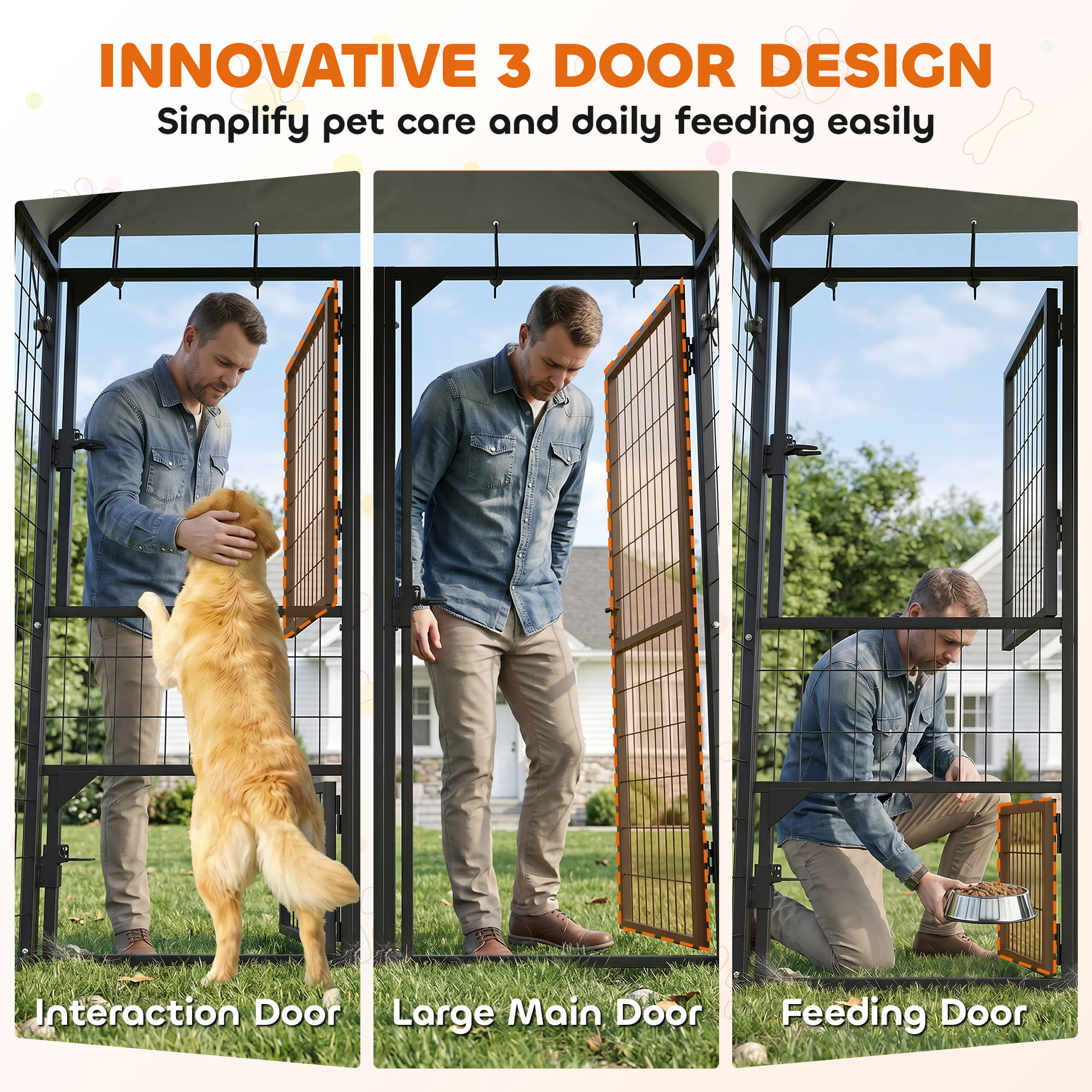 8' x 4' x 6' Large Dog Kennel Outdoor with 3 Doors, 420D Waterproof Cover, Secure Lock