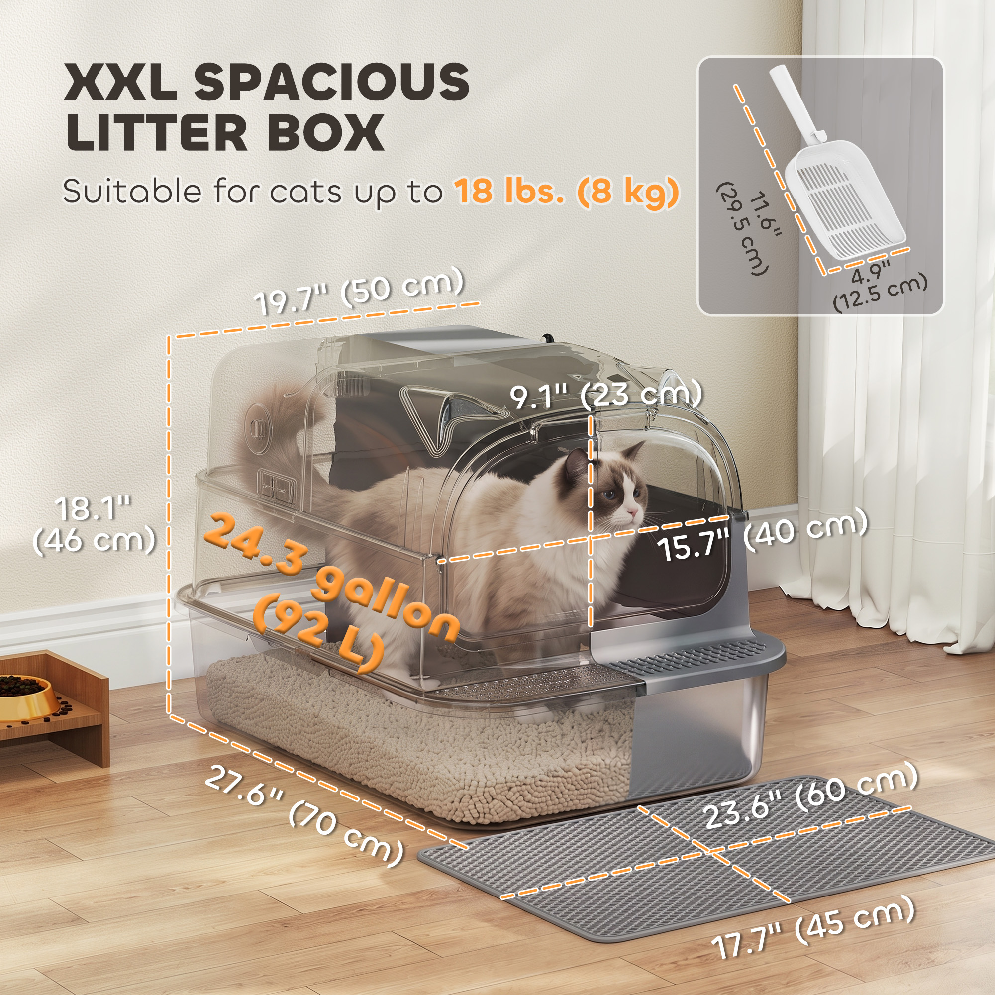 Stainless Steel Cat Litter Box with 95° Flip Lid, XXL Enclosed Metal Litter Box w/ Mat, Scoop, for Big Cats, 28"x20"x18"