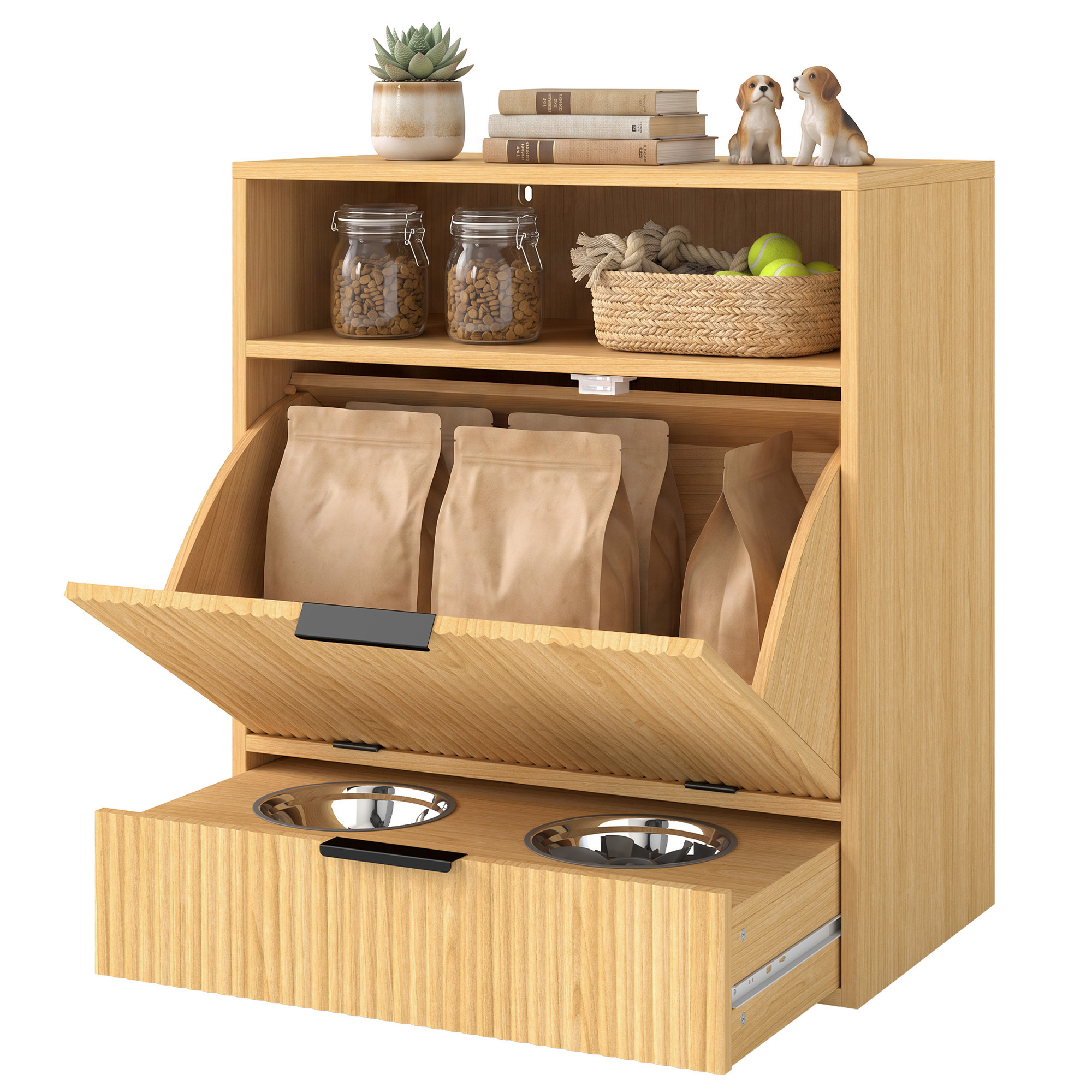 Dog Feeding Station Food Storage Container, Pet Feeding Station with 2 Pull Out Bowls, Tilt Out Storage Cabinet