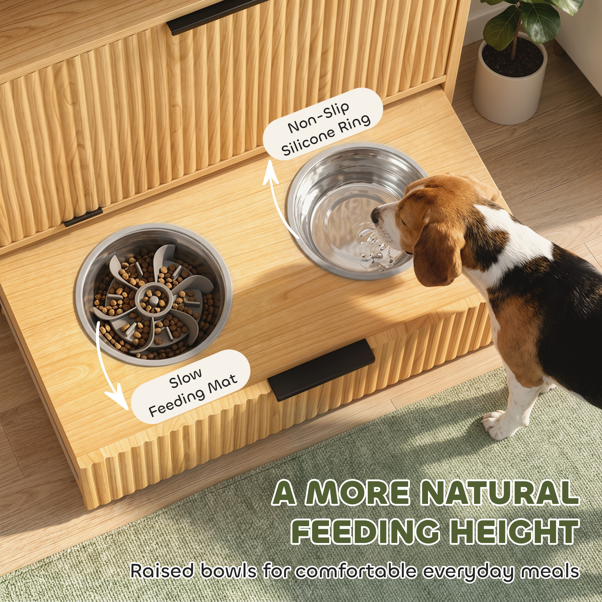 Dog Feeding Station Food Storage Container, Pet Feeding Station with 2 Pull Out Bowls, Tilt Out Storage Cabinet