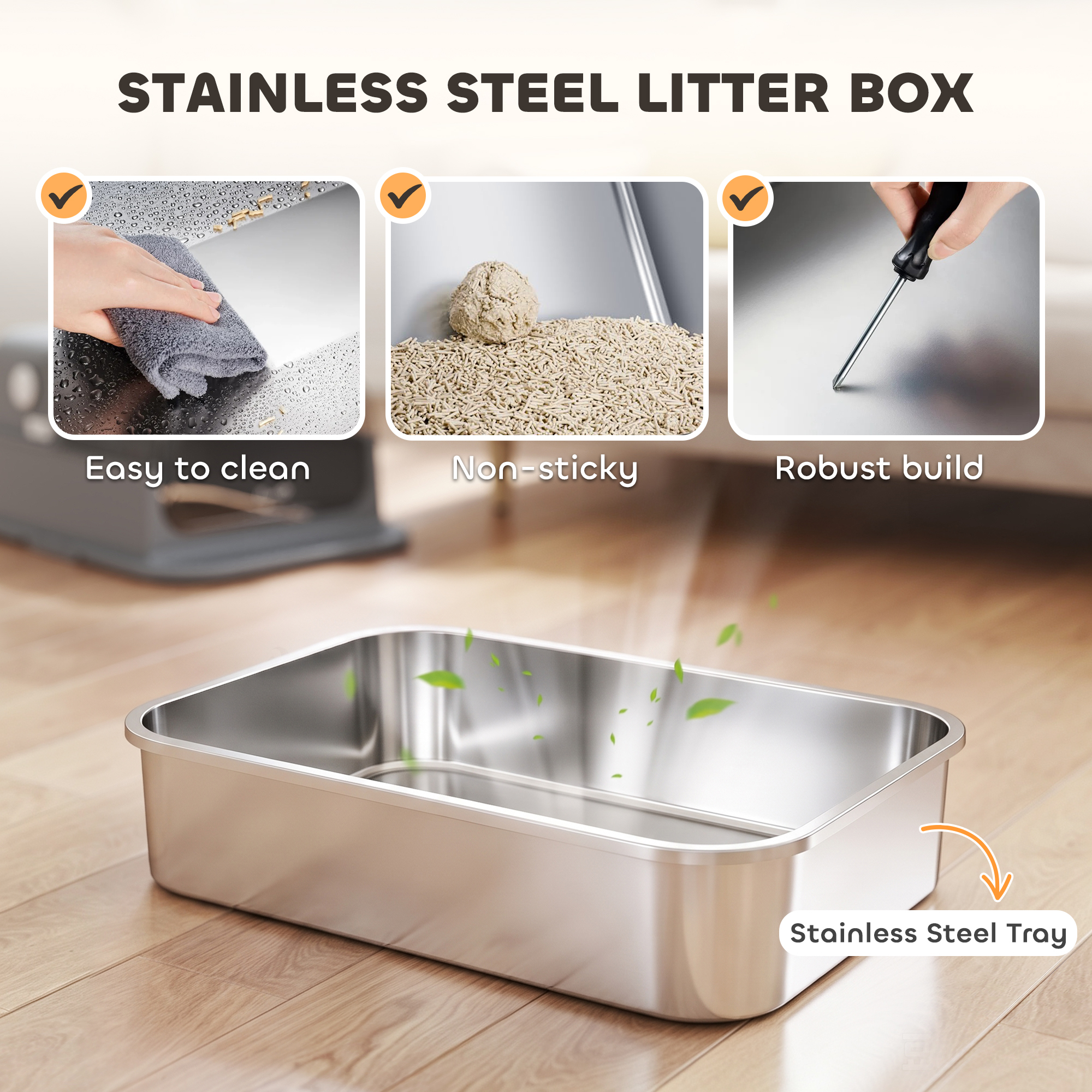 Stainless Steel Cat Litter Box with 95° Flip Lid, XXL Enclosed Metal Litter Box w/ Mat, Scoop, for Big Cats, 28"x20"x18"