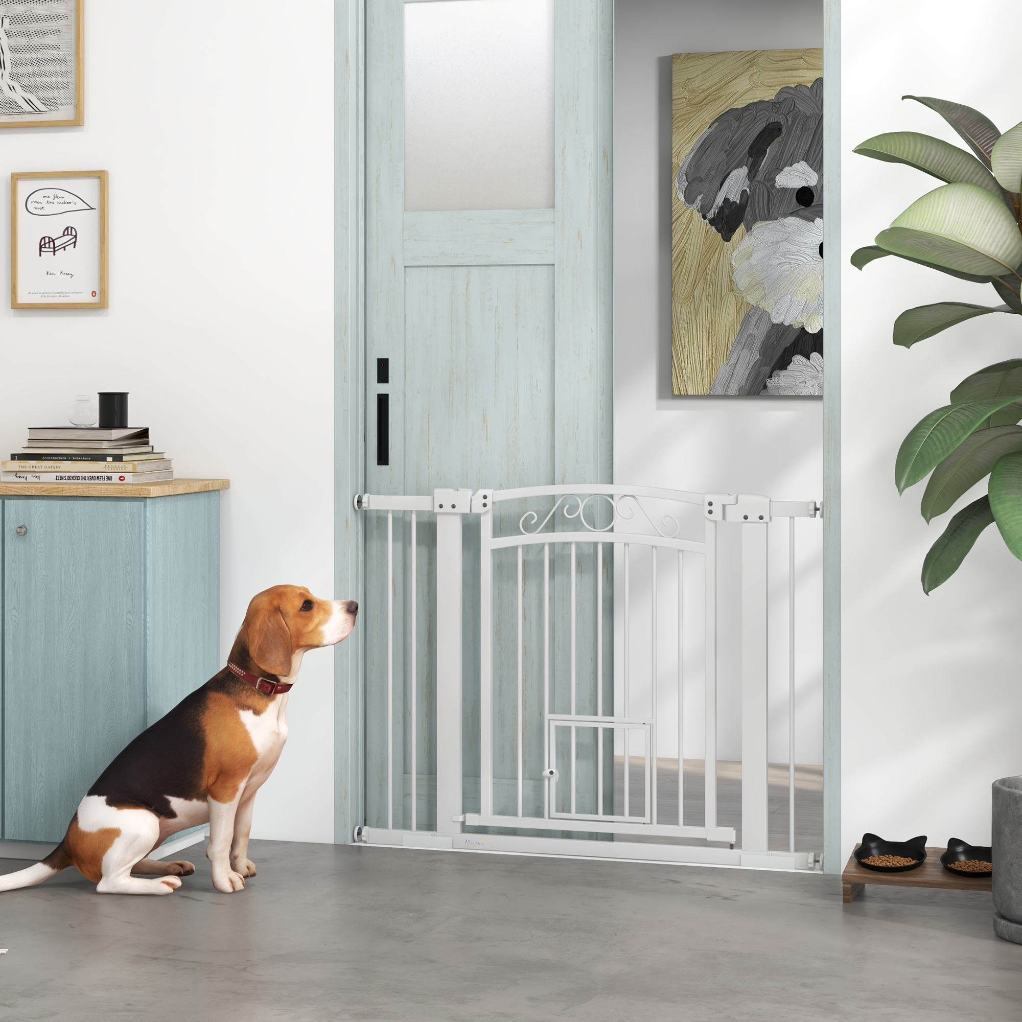 Dog Gate, Walk Through Pet Gate w/ Small Pet Door, Auto Close, for Doorways, House, Stair, 30"-41" W x 30" H