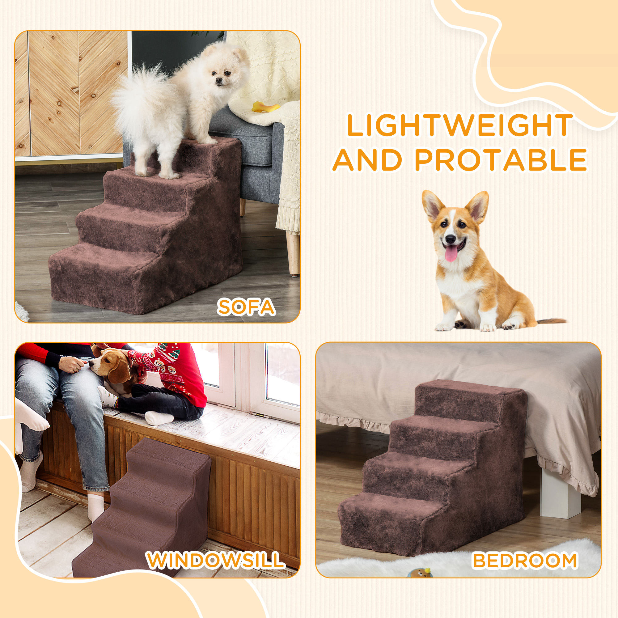 4-Step Dog Ramp for Sofa, Bed, and Couch, with Removable Cover, Brown