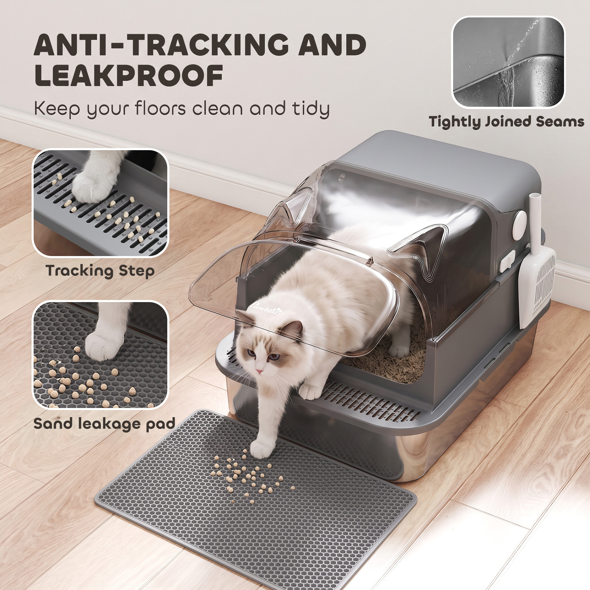Stainless Steel Cat Litter Box with 95° Flip Lid, XXL Enclosed Metal Litter Box w/ Mat, Scoop, for Big Cats, 28"x20"x18"