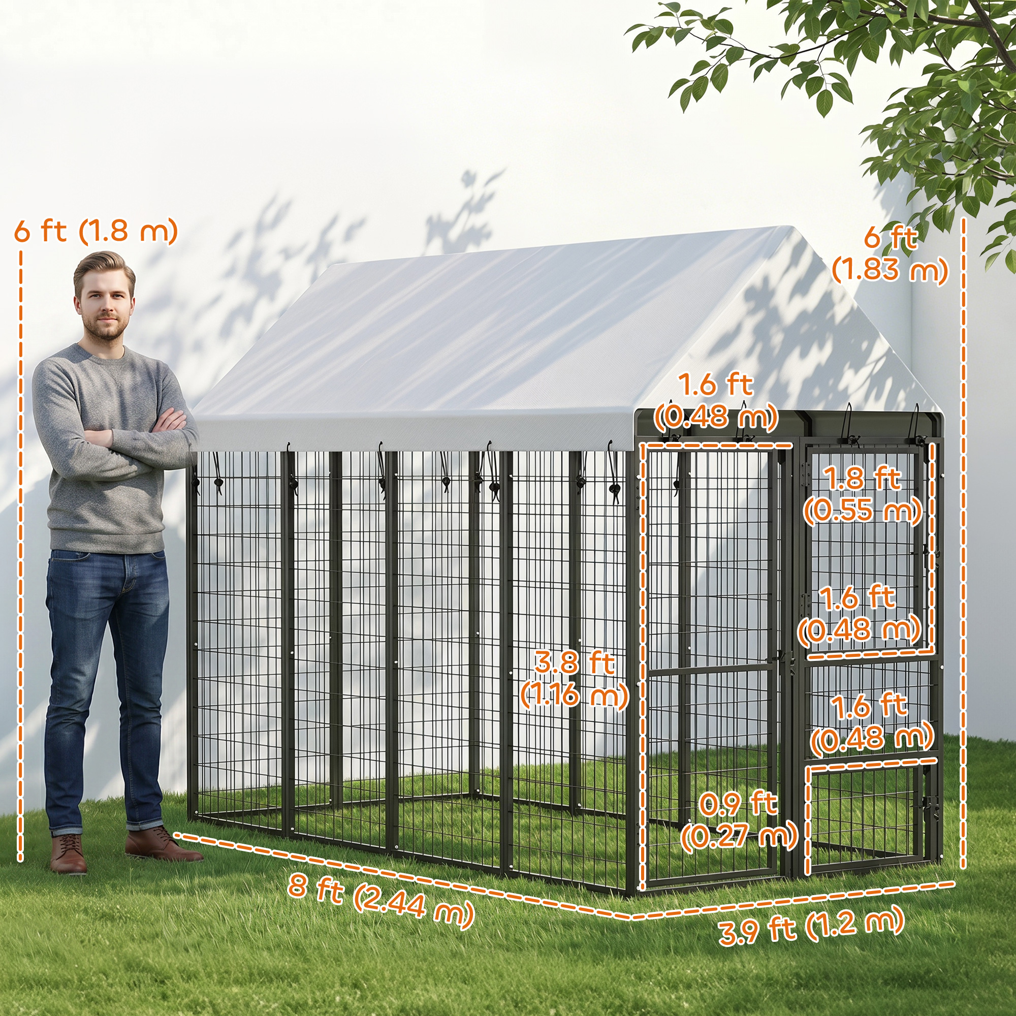 8' x 4' x 6' Large Dog Kennel Outdoor with 3 Doors, 420D Waterproof Cover, Secure Lock
