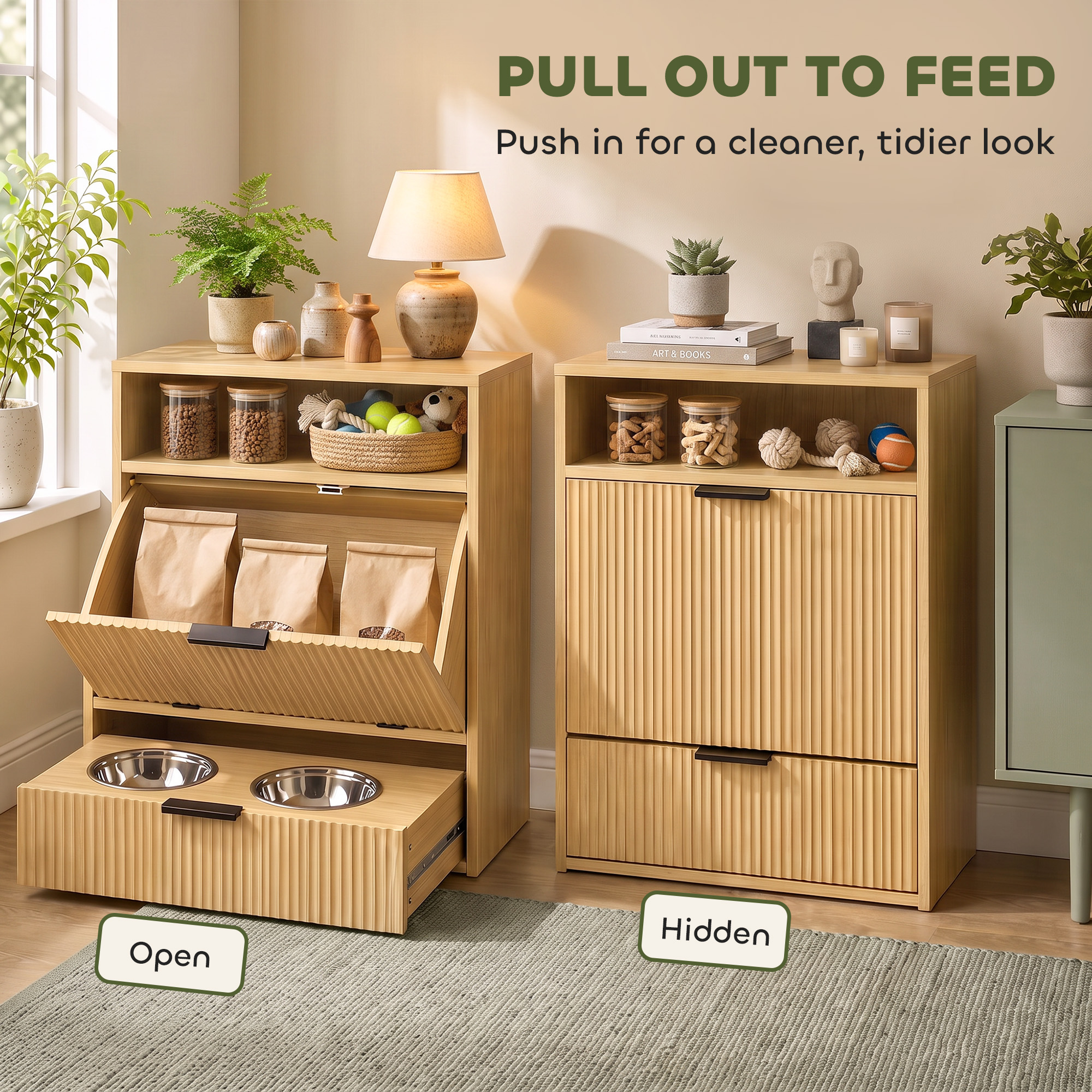 Dog Feeding Station Food Storage Container, Pet Feeding Station with 2 Pull Out Bowls, Tilt Out Storage Cabinet