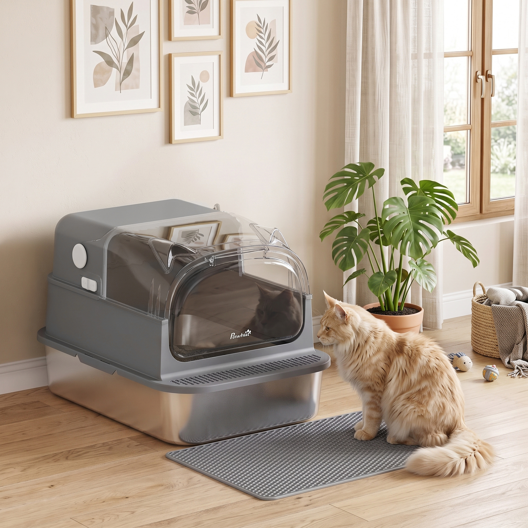 Stainless Steel Cat Litter Box with 95° Flip Lid, XXL Enclosed Metal Litter Box w/ Mat, Scoop, for Big Cats, 28"x20"x18"