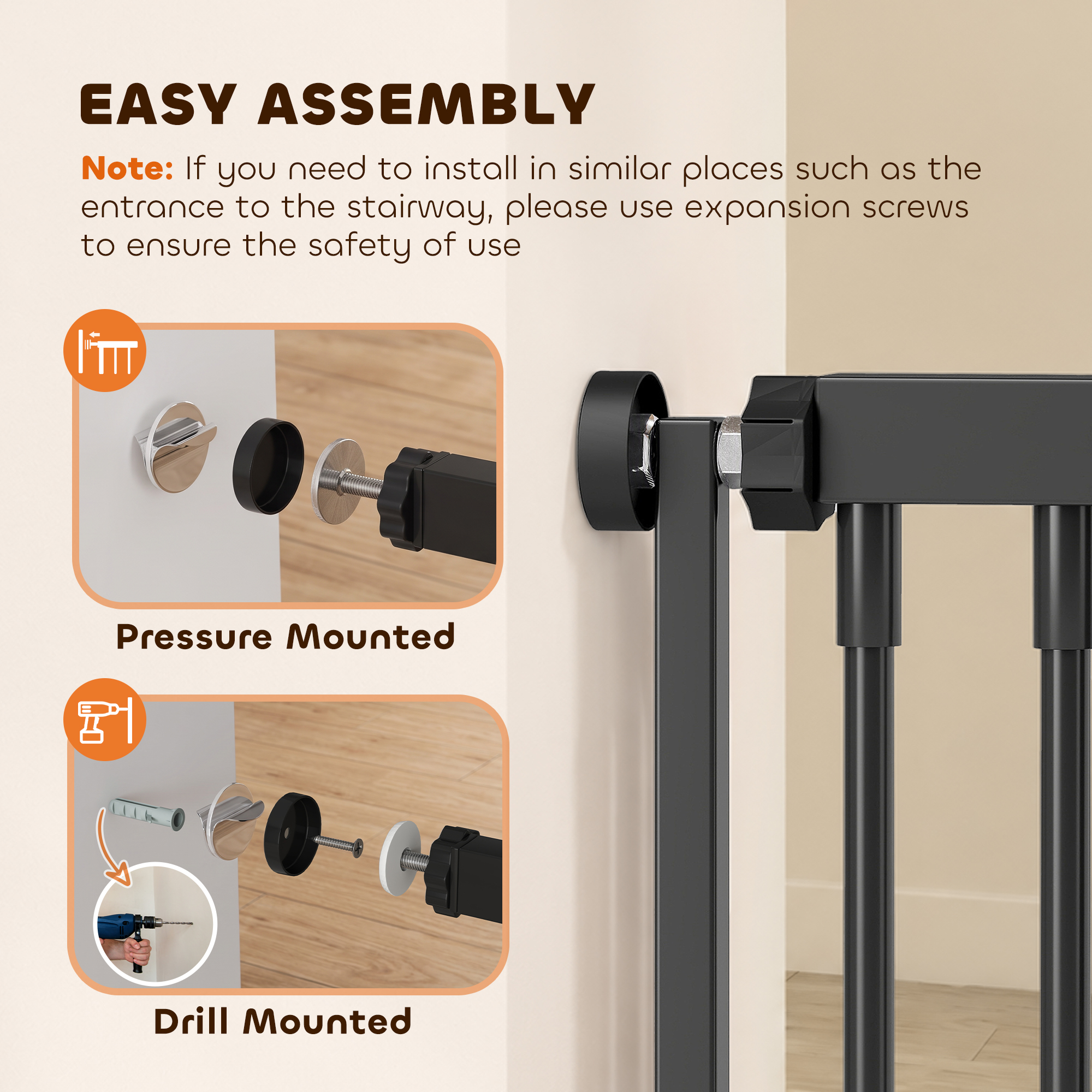 71" Extra Tall Cat Gate, 29"-39" Wide Pet Gate with No Drilling, Narrow Spacing, Pull-Ring Latch, 2 Extension Kits