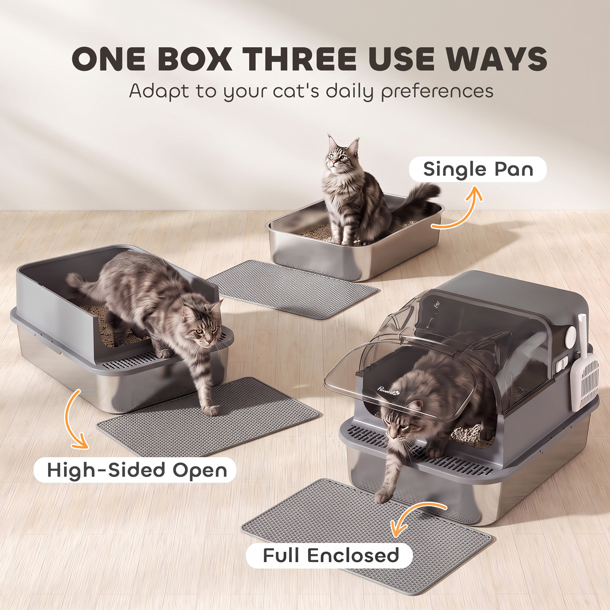 Stainless Steel Cat Litter Box with 95° Flip Lid, XXL Enclosed Metal Litter Box w/ Mat, Scoop, for Big Cats, 28"x20"x18"