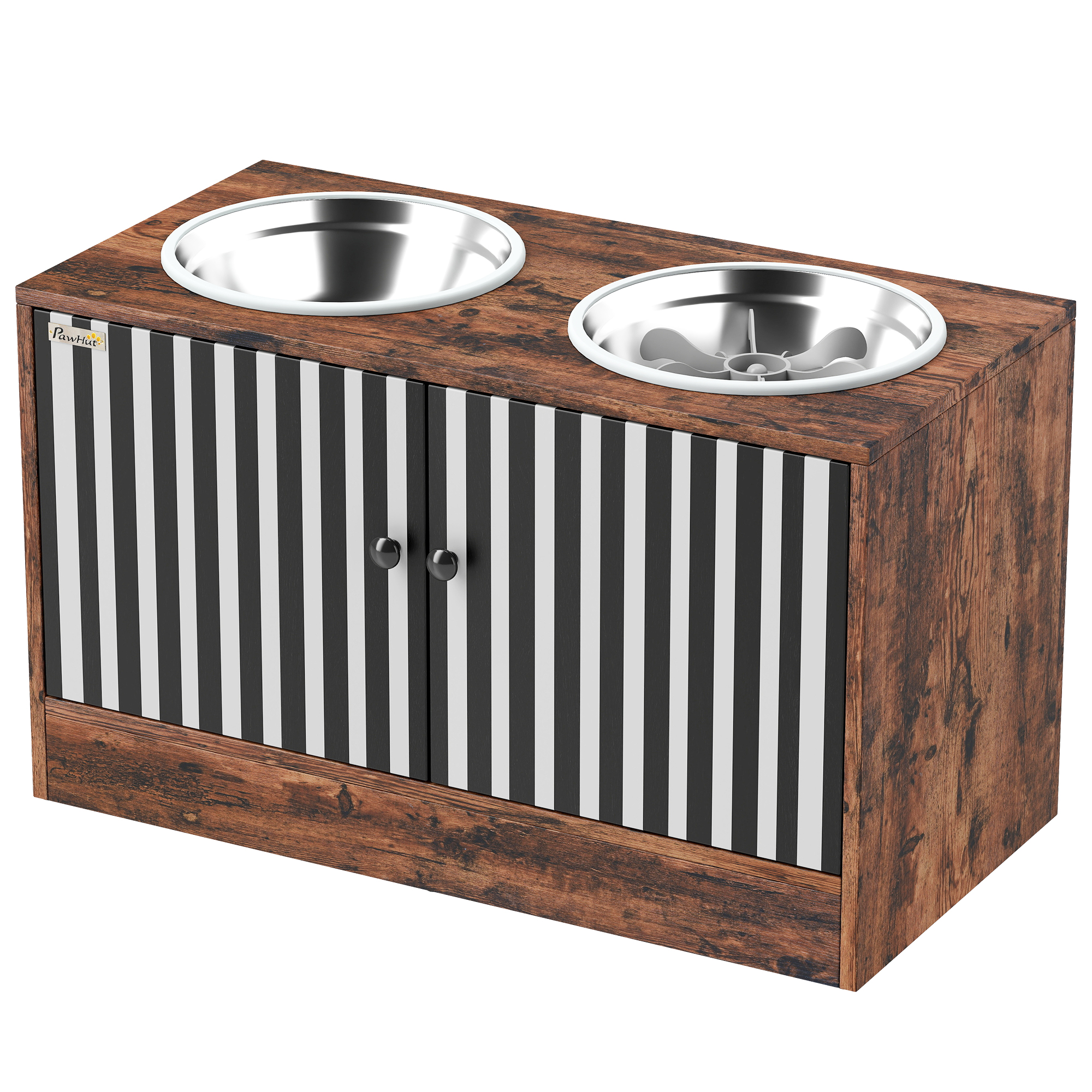 Raised Dog Bowls with Storage, Slow Feeder, 2 Stainless Steel Food and Water Bowl Non-Slip, Rustic Brown