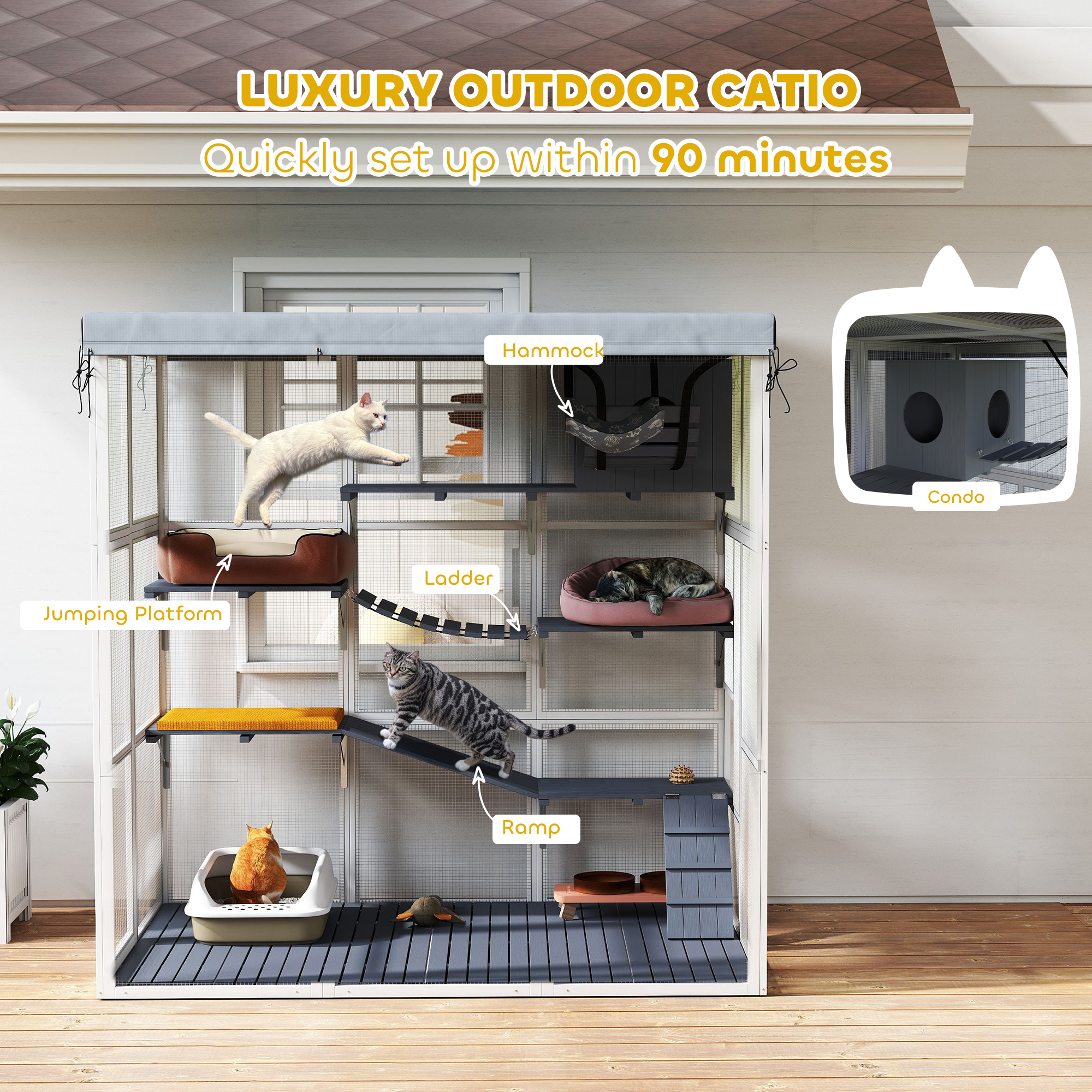 71" Catio Outdoor Cat Enclosure w/ Weatherproof Tarp, Hammock, Condo, Jump Platforms, Ladders, Ramps, for 2-4 Kittens